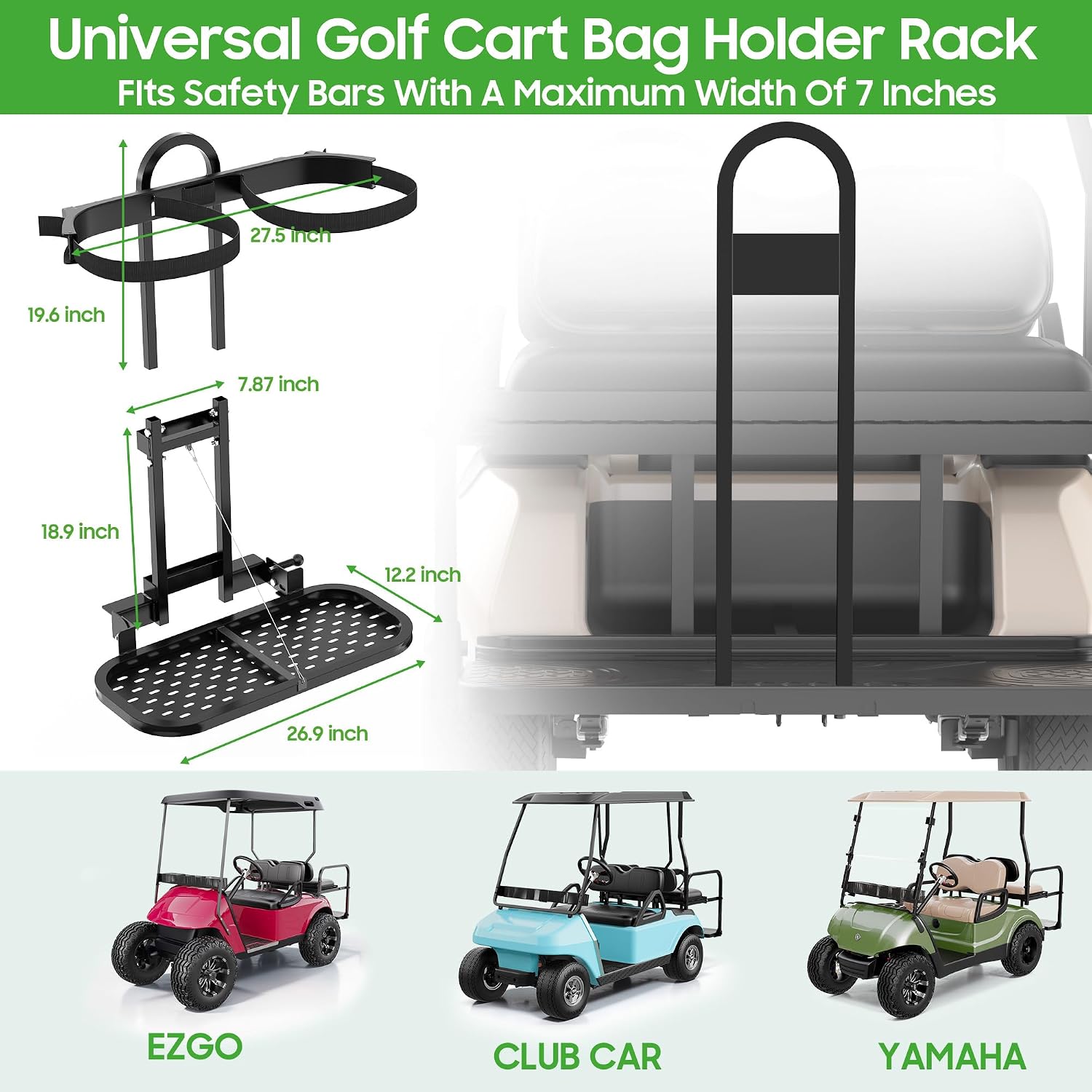 10L0L Universal Foldable Golf Cart Rear Seat Bag Holder - No-Drill Bag Rack for Yamaha EZGO Club Car, Fits Safety Grip Bar up to 8" Wide