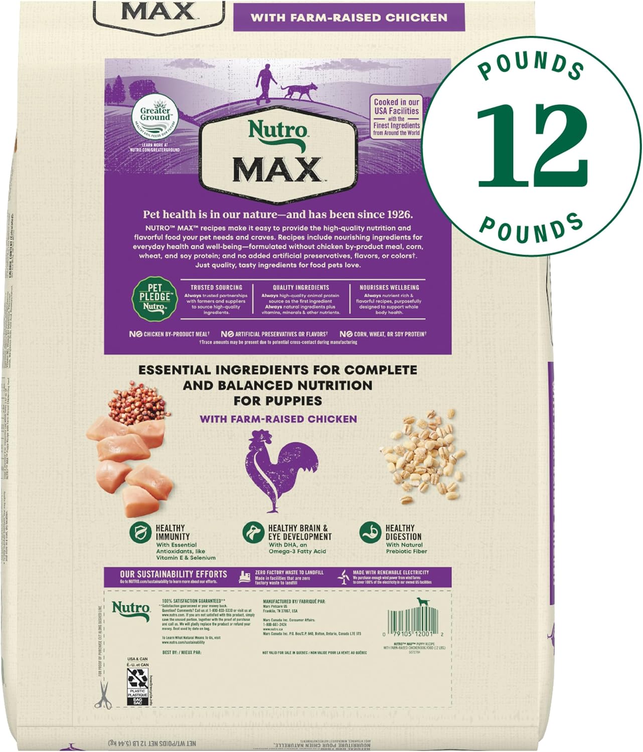 Nutro Max Puppy Recipe Dry Dog Food, Farm-Raised Chicken, 12 lb | 100% complete & balanced, omega 3 & 6 fatty acids, supports digestion & skin, no artificial preservatives or colors