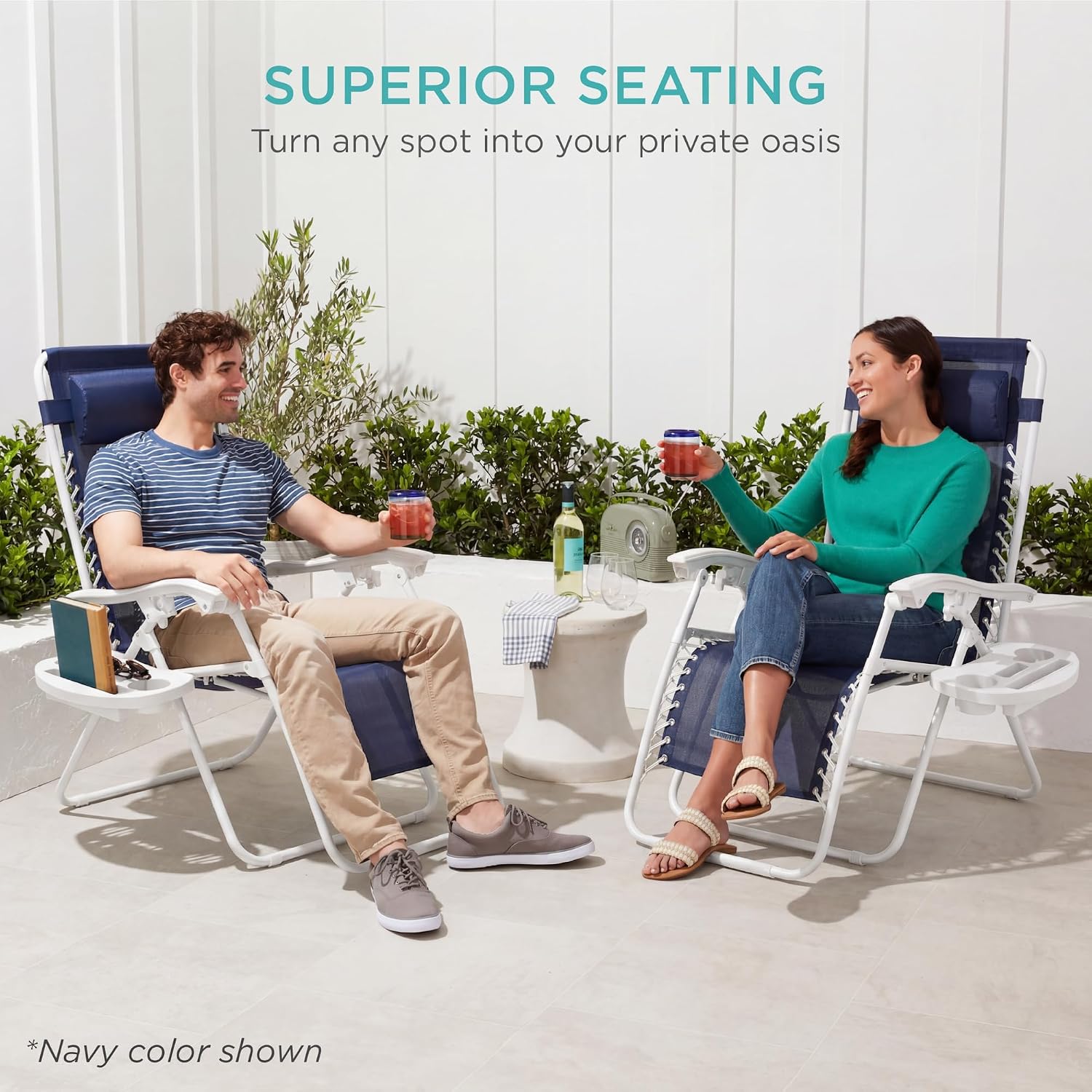 Best Choice Products Set of 2 Adjustable Steel Mesh Zero Gravity Lounge Chair Recliners w/Pillows and Cup Holder Trays - Light Blue