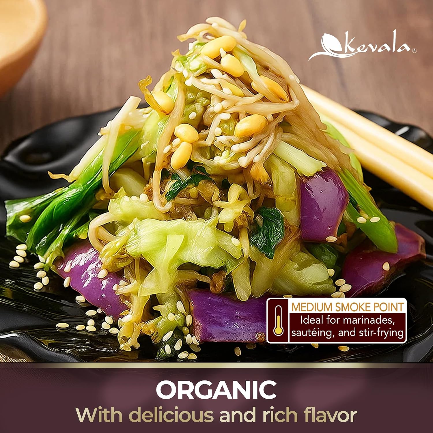 Kevala Organic Toasted Sesame Oil - 1 gal, Made with Organic Sesame Seeds | Medium Smoke Point Suitable for Light Roasting and Stir-Frying, Kitchen Pantry Essential Vegetable Oil, Salad Dressing Base