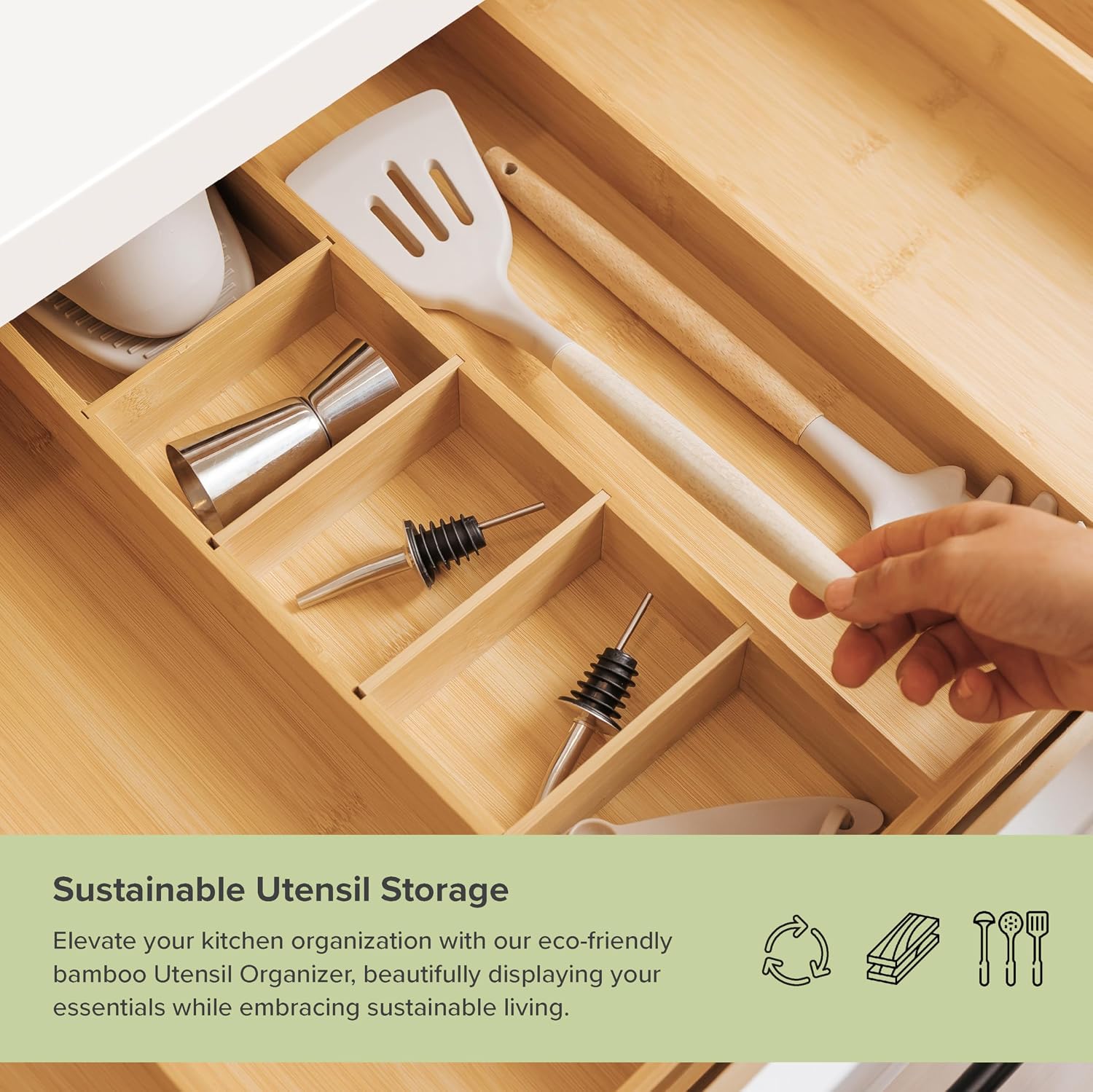 Utensil & Junk Drawer Organizer, 16-28 in, Bamboo | Food-safe contract grade, 100% sustainable wood, non-slip, adjustable