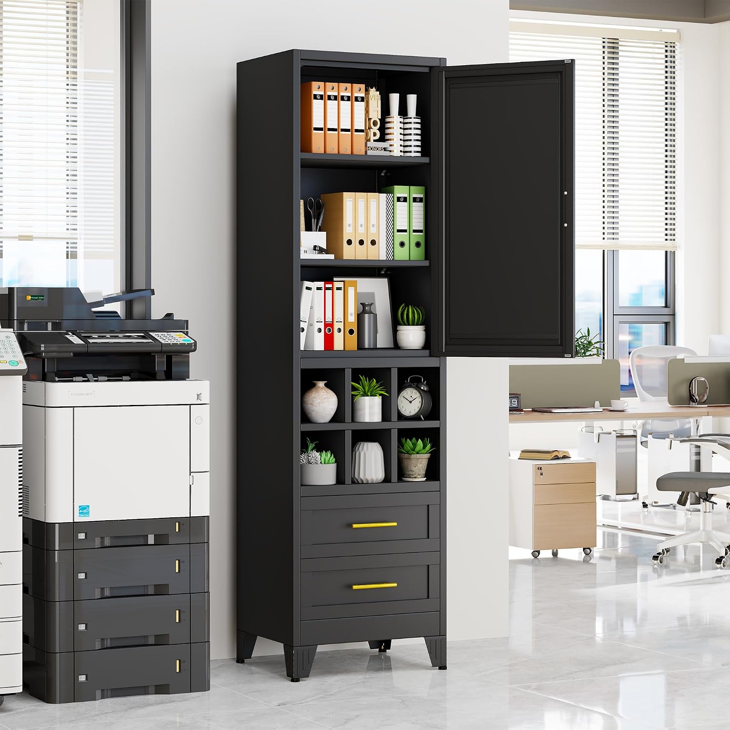 pozdeg 67" Tall Narrow White Metal Storage Cabinet | 2 Doors, 4 Adjustable Shelves, Freestanding Slim Pantry Organizer for Bathroom Kitchen Living Room