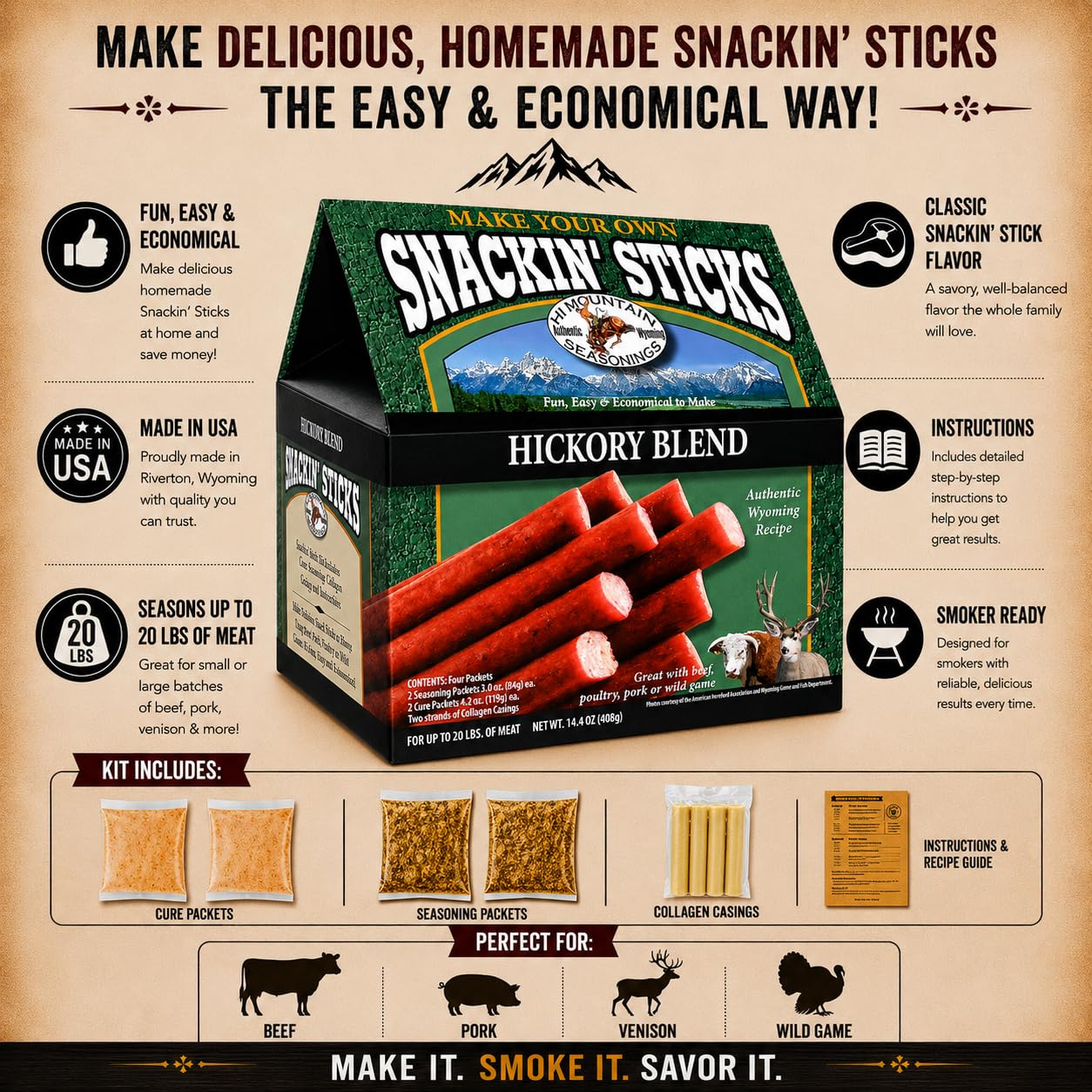 Hi Mountain Snack Stick Seasoning Kit | ORIGINAL | Makes 20 lbs | Complete Snack Stick Kit, Seasoning, Cure, Casings, & Directions Included, For Beef, Deer, Elk, Venison & Wild Game Meat