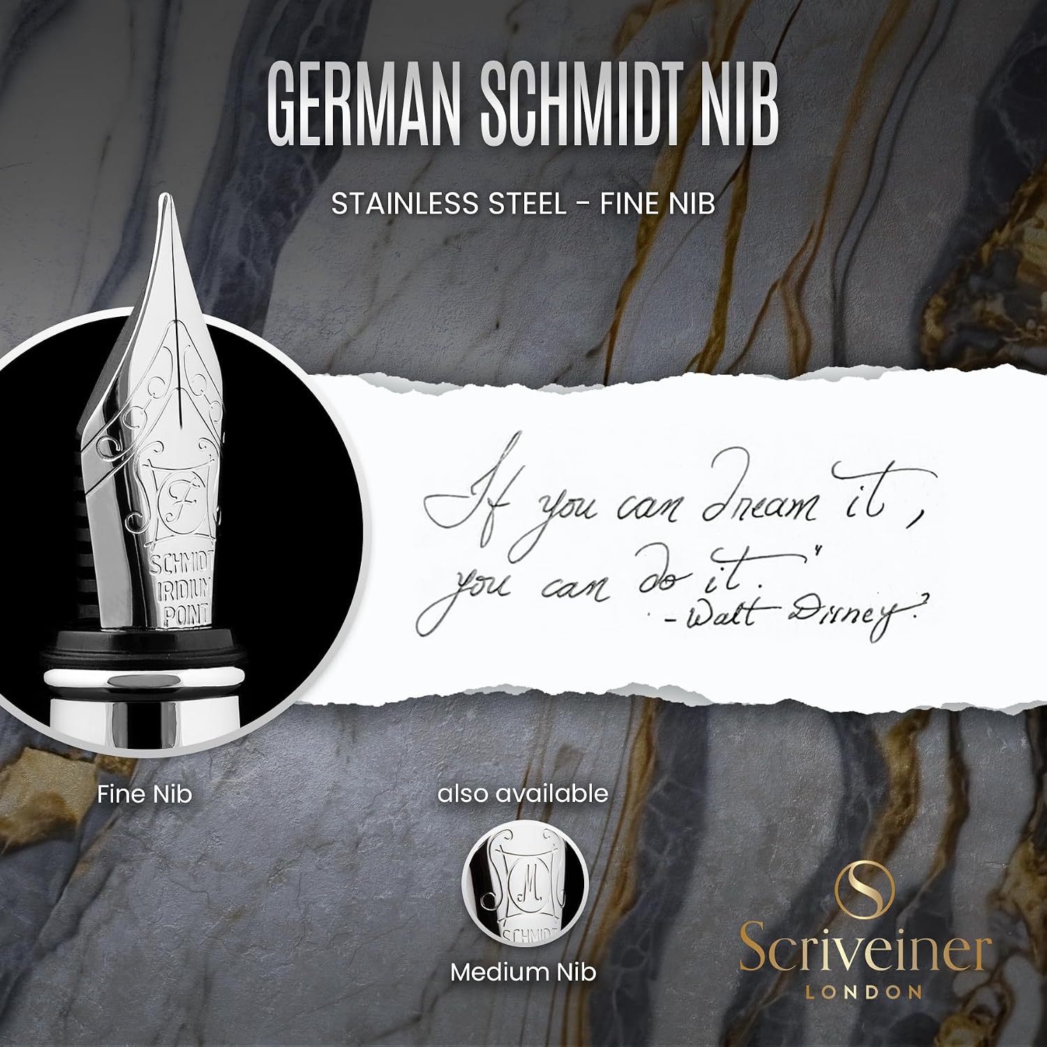 Scriveiner Silver Chrome Fountain Pen - Stunning Luxury Pen, Real Gold Finish Schmidt Gilded Nib (Medium), Best Pen Gift Set for Men & Women