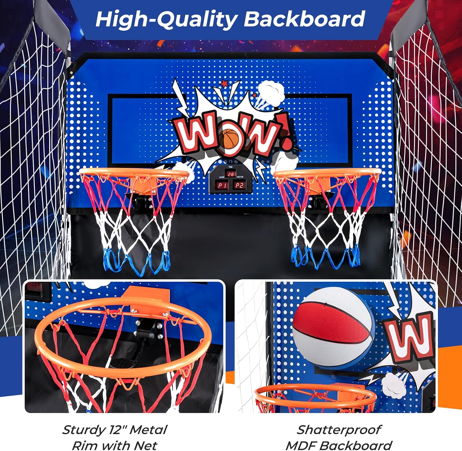 GYMAX Arcade Basketball Game Indoor Foldable with 8 Game Modes, Arcade Sound, 4 Balls and Inflation Pump, Electronic Basketball Games for All Ages Home