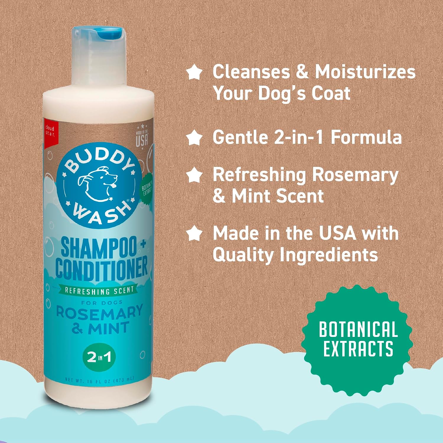 Buddy Grooming Wash 2 in 1 Dog Shampoo, Lavender & Mint, 16 oz. Bottle