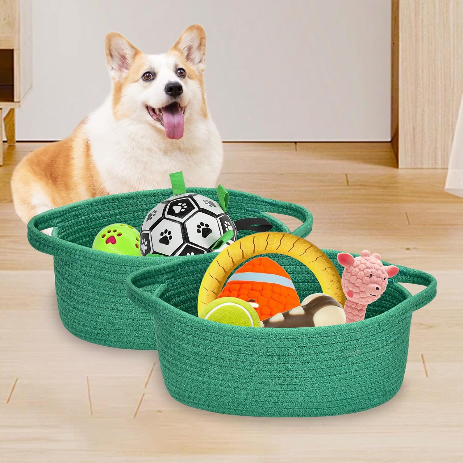 ABenkle Small Basket with Handles, Boho Decorative Rope Woven Dog Cat Toy Storage Bin Shelf Storage Organizer, Easter Christmas Gift Basket, 12"x8"x5"