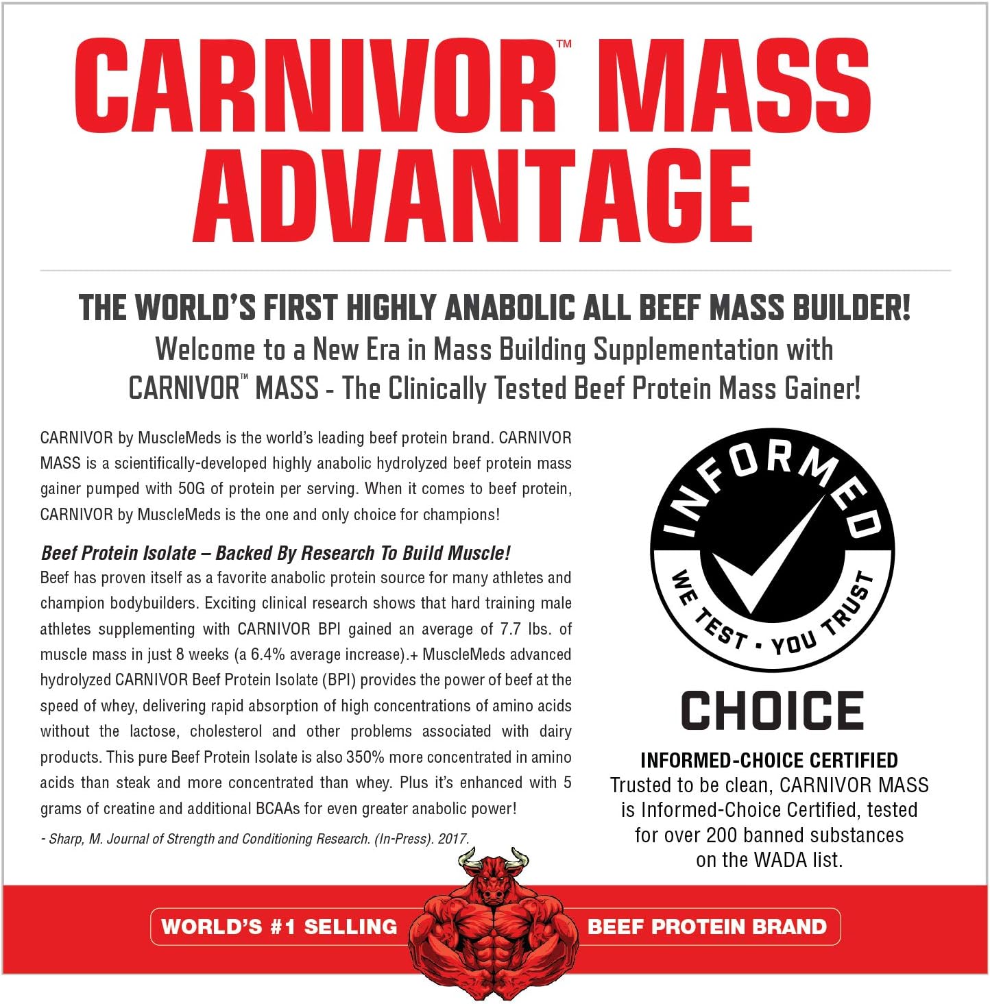 MuscleMeds CARNIVOR Mass Gainer Beef Protein Isolate Shake, 50 Grams Protein, 125 Grams Carbs, 0 Fat, 0 Sugar, Lactose Free, Halal Certified, Chocolate Peanut Butter, 6 Pound