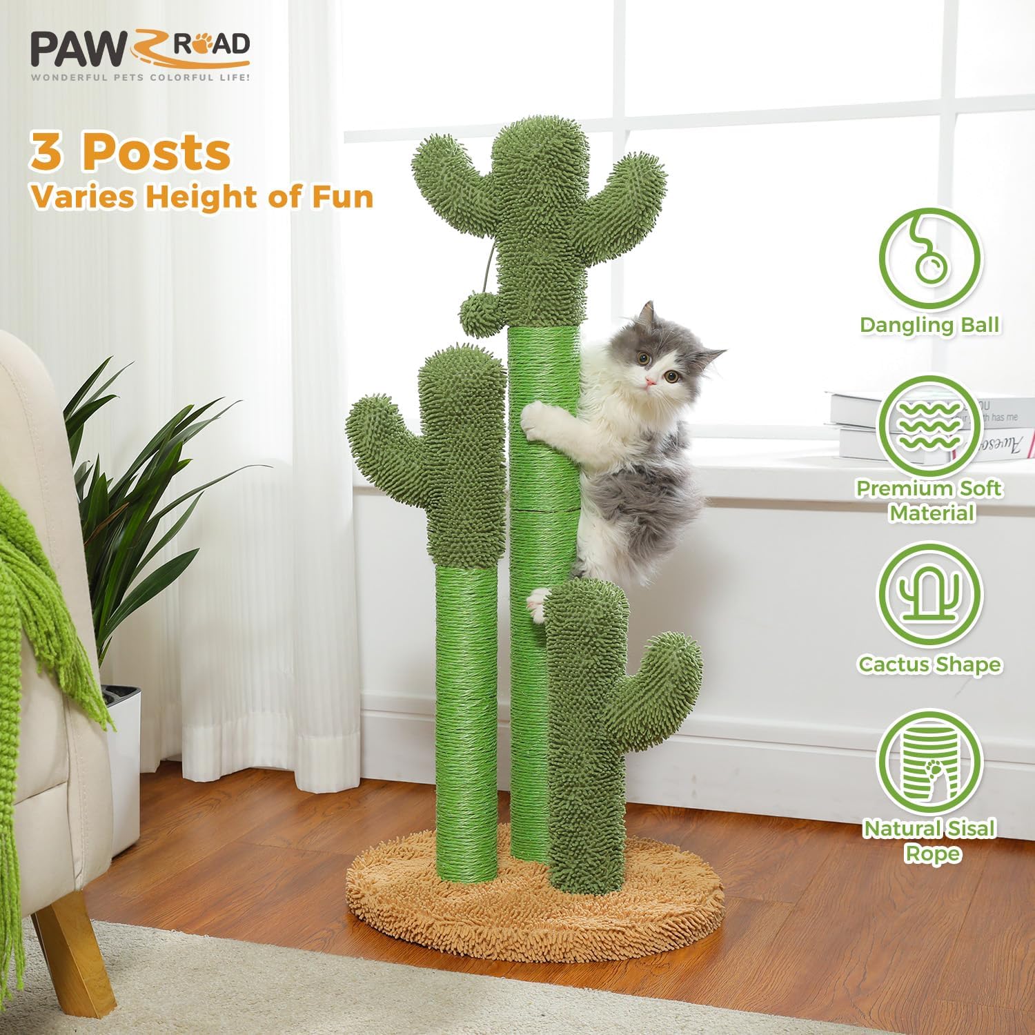 PAWZ Road Cactus Cat Scratching Post 23”Cat Scratcher with Toy Ball