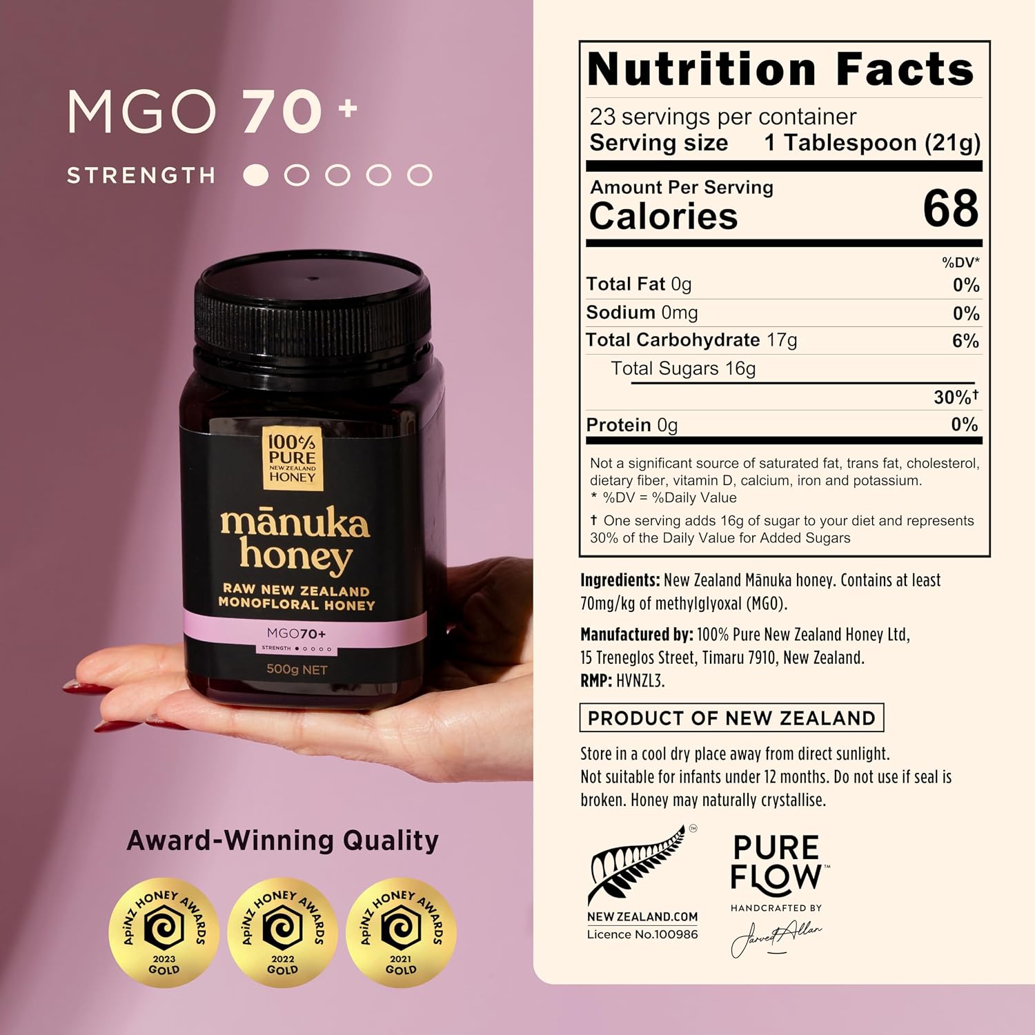 100% Pure New Zealand Manuka Honey MGO 70+ Monofloral Raw Honey 17.6 Oz