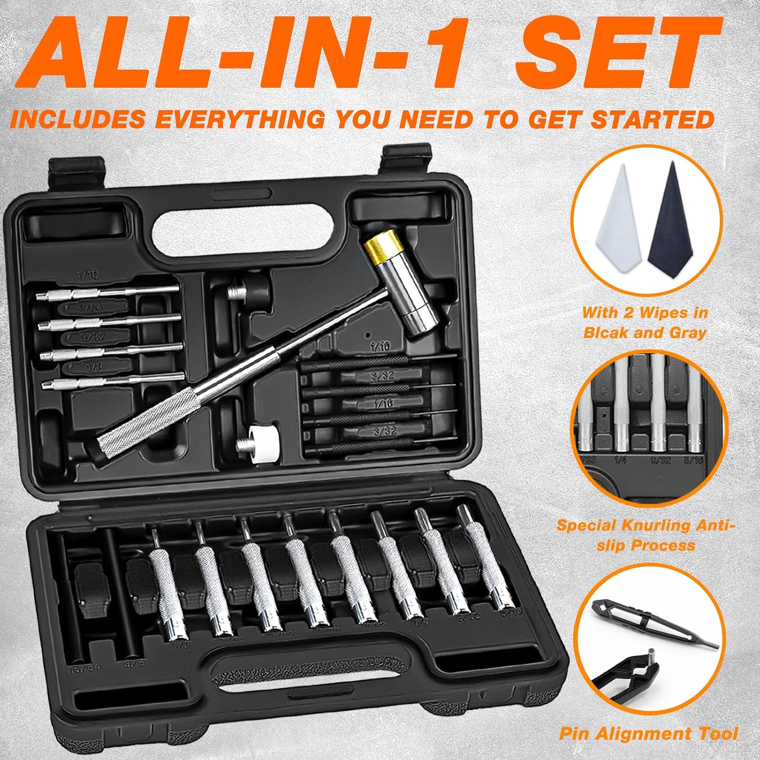 BESTNULE 24pc Punch Set and Hammer, Roll Pin Punch Set & Tweezers & Wipes