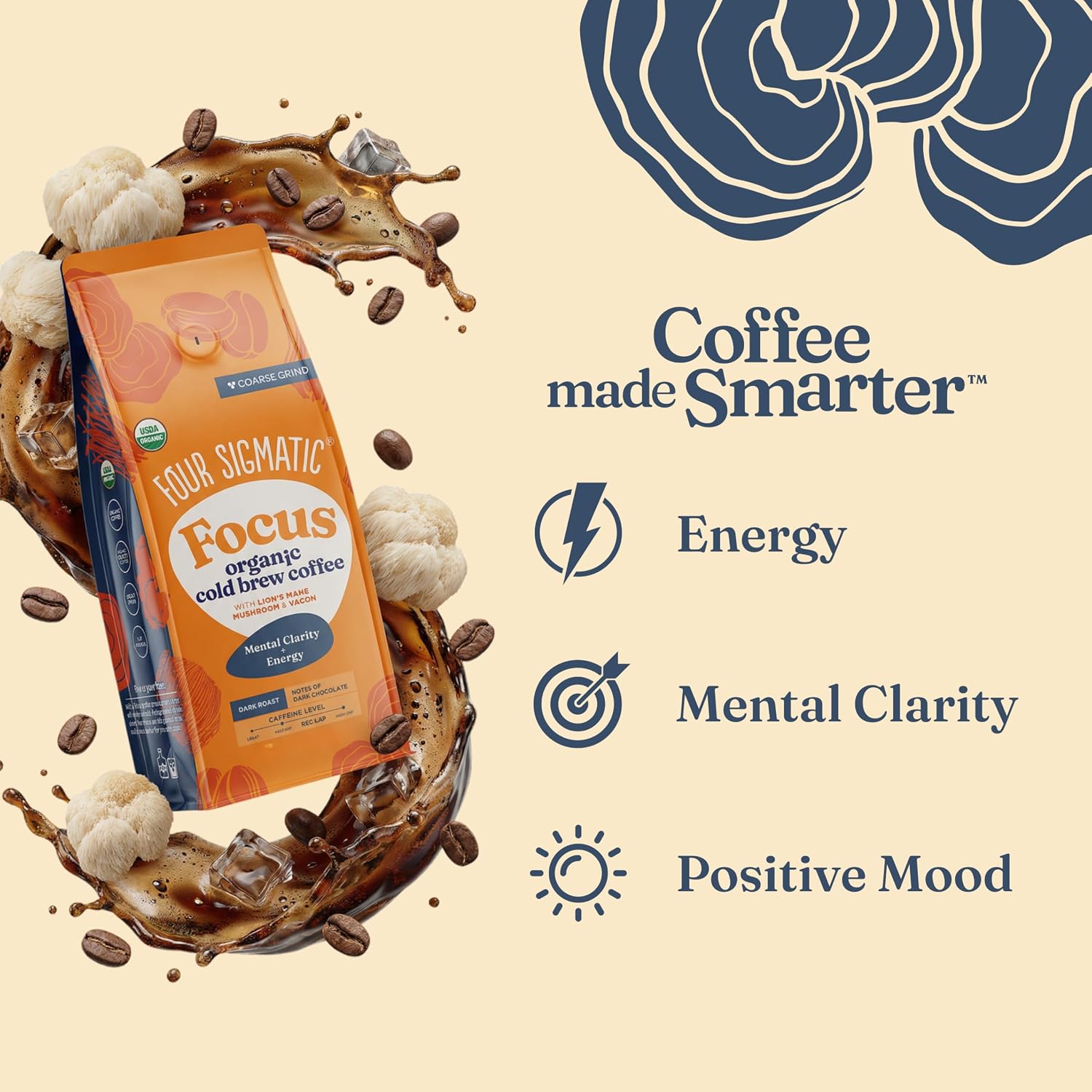 Four Sigmatic Organic Focus Mushroom Ground Coffee | Dark Roast, Organic Coffee with Lion's Mane & Chaga Mushroom for Mental Clarity & Energy Support | 12oz Bag
