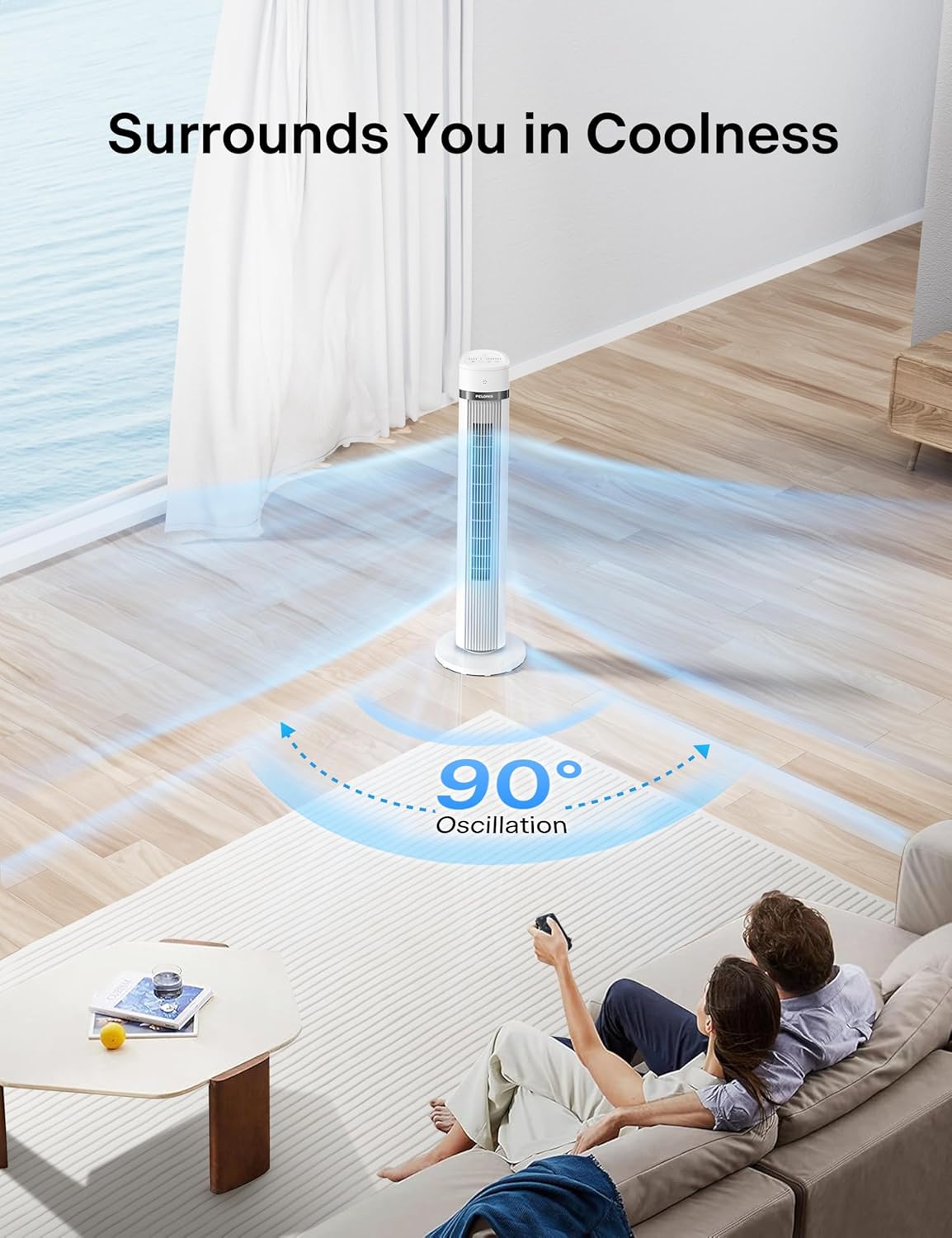 PELONIS 40-inch Bladeless Tower Fan for Bedroom, Standing Fan with Remote Control, 26ft/s, 90° Oscillation, 3 Speed Settings, 27 dB, 3 Modes