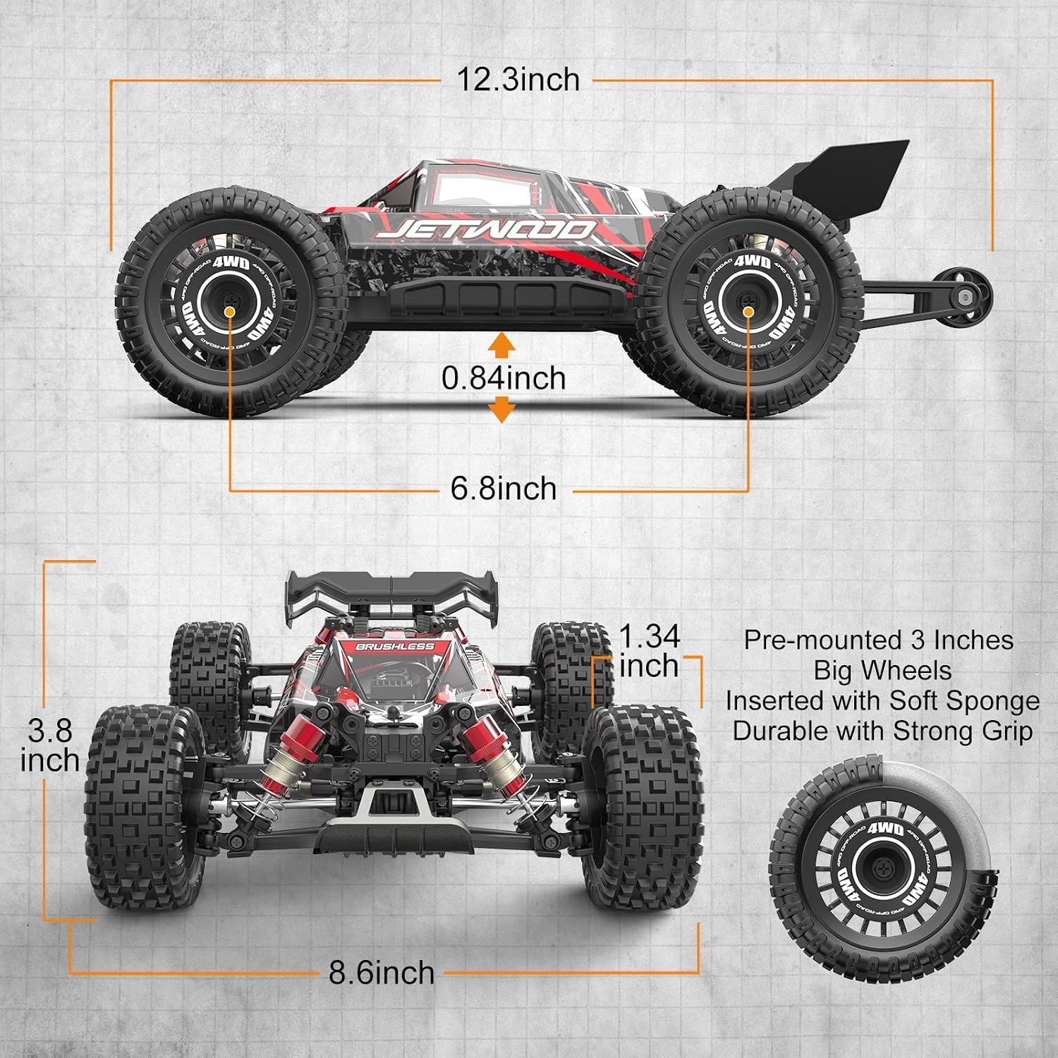 1:16 Fast RC Car, Brushless 42MPH Remote Control Car for Adults - High Speed 4WD RTR RC Truck with 2 LiPo Batteries & DIY Body, JC16EP Red
