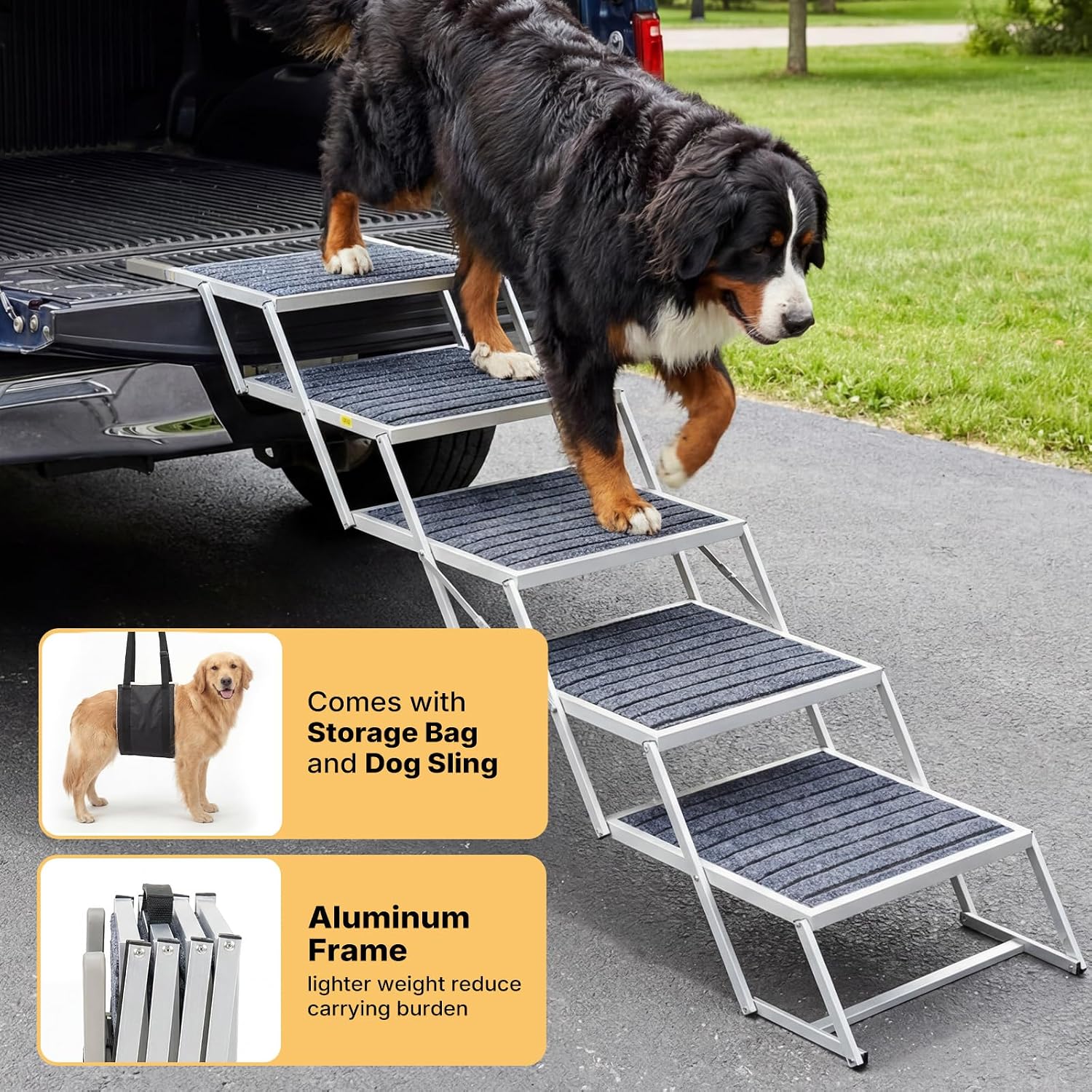 Veehoo Folding Dog Steps Large for Car Truck SUV, Dogs Car Stairs 20" Wide | 4 Steps Foldable Pet Step Aluminum Dog Stairs for Injured Senior Dogs Heavy Duty Pet Ramp Ladder Non Slip, up to 170lbs