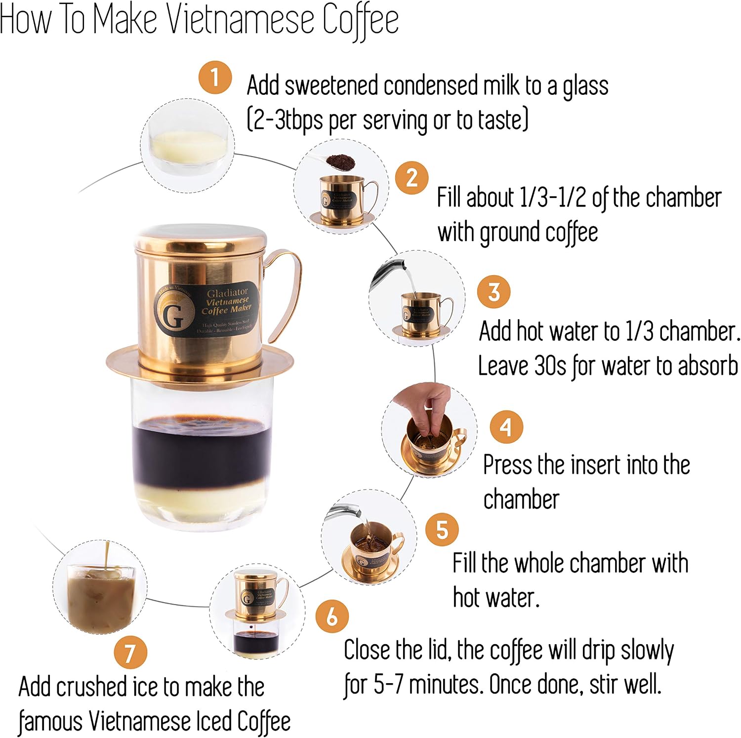 Vietnamese Coffee Maker Filter Phin, Small French Press Portable Cup, Single Serve Coffee Makers, Gift for coffee lovers (Gold, 1)