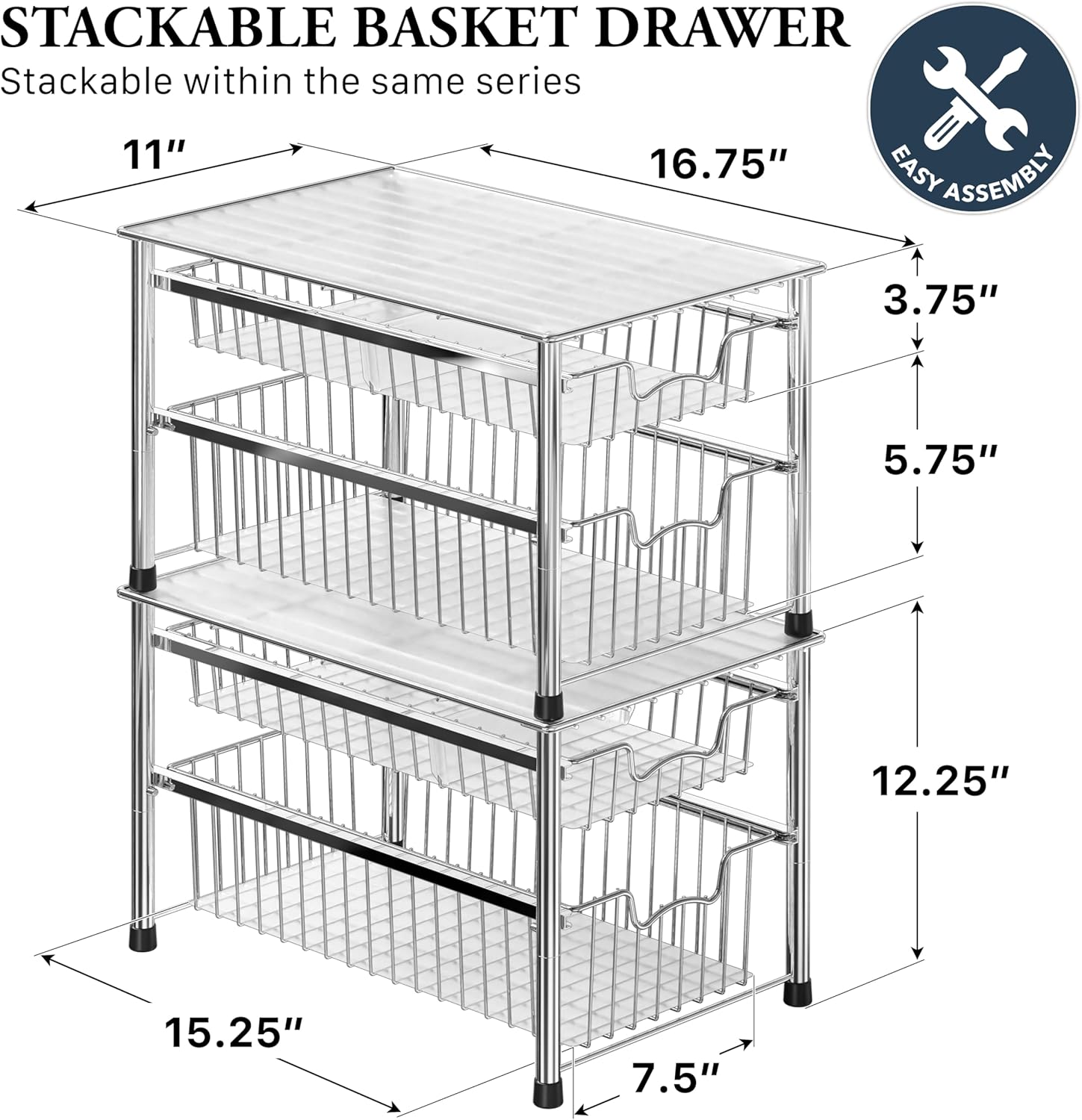 Simple Houseware Stackable 3 Tier Sliding Basket Organizer Drawer, Chrome