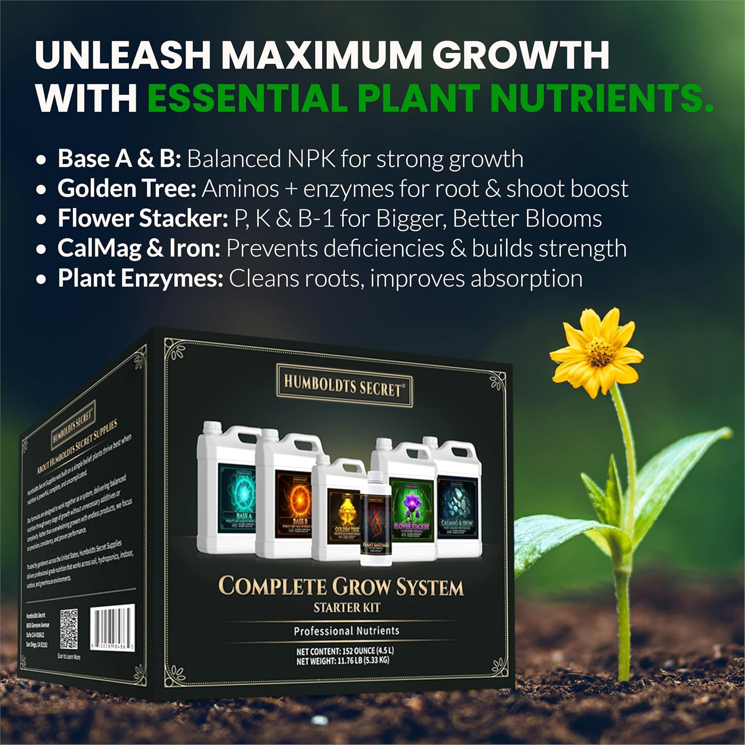 Humboldts Secret Starter Kit Pack | Indoor and Outdoor Plant Fertilizer and Hydroponic Nutrients | Base A & B, CalMag and Iron, Golden Tree, Flower Stacker, Plant Enzymes | Complete Garden System