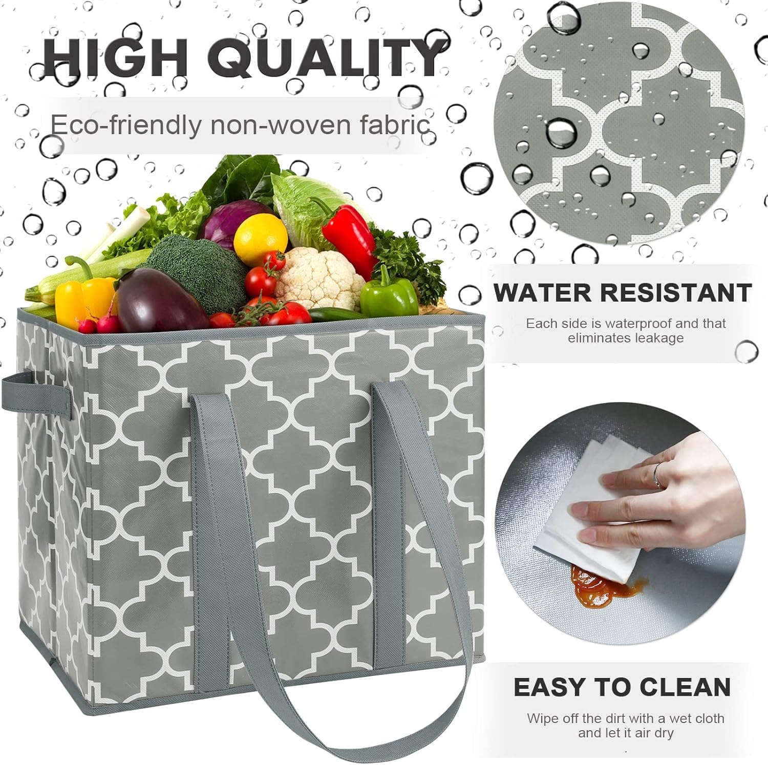 WISELIFE Reusable Grocery Bags 3-Pack Foldable Washable Large Storage Bins Basket Water Resistant Shopping Tote Bag Black