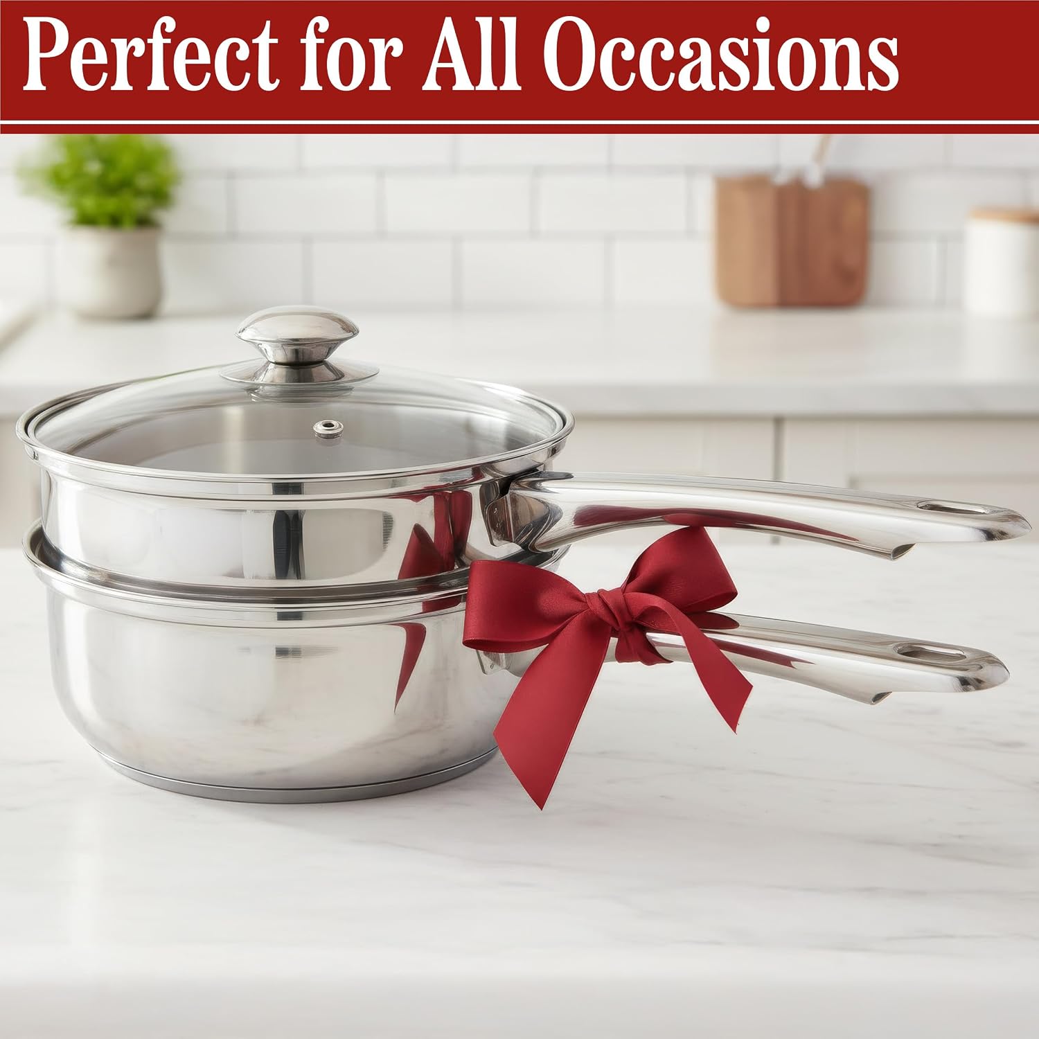 6 Cup Double Boiler Pot Set – 1.5 Quart Stainless-Steel Saucepan 2-in-1 with Vented Glass Lid – Kitchen Cookware with Measurements by Classic