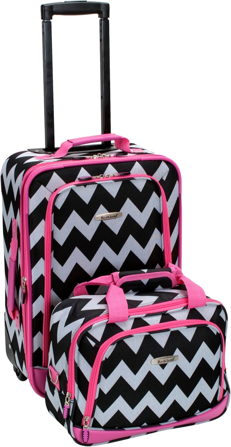 Rockland Fashion Softside Upright Luggage Set,Expandable, Telescopic Handle, Wheel, Black Dot, 2-Piece (14/19)