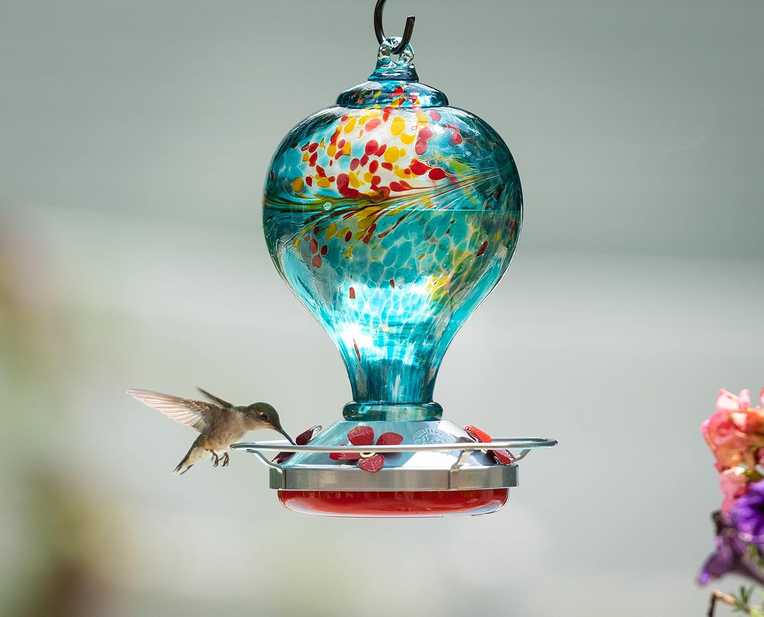 Hummingbird Feeder by Grateful Gnome - Large Hand Blown Stained Glass Feeder for Garden, Patio, Outdoors, Window with Accessories S-Hook, Ant Moat