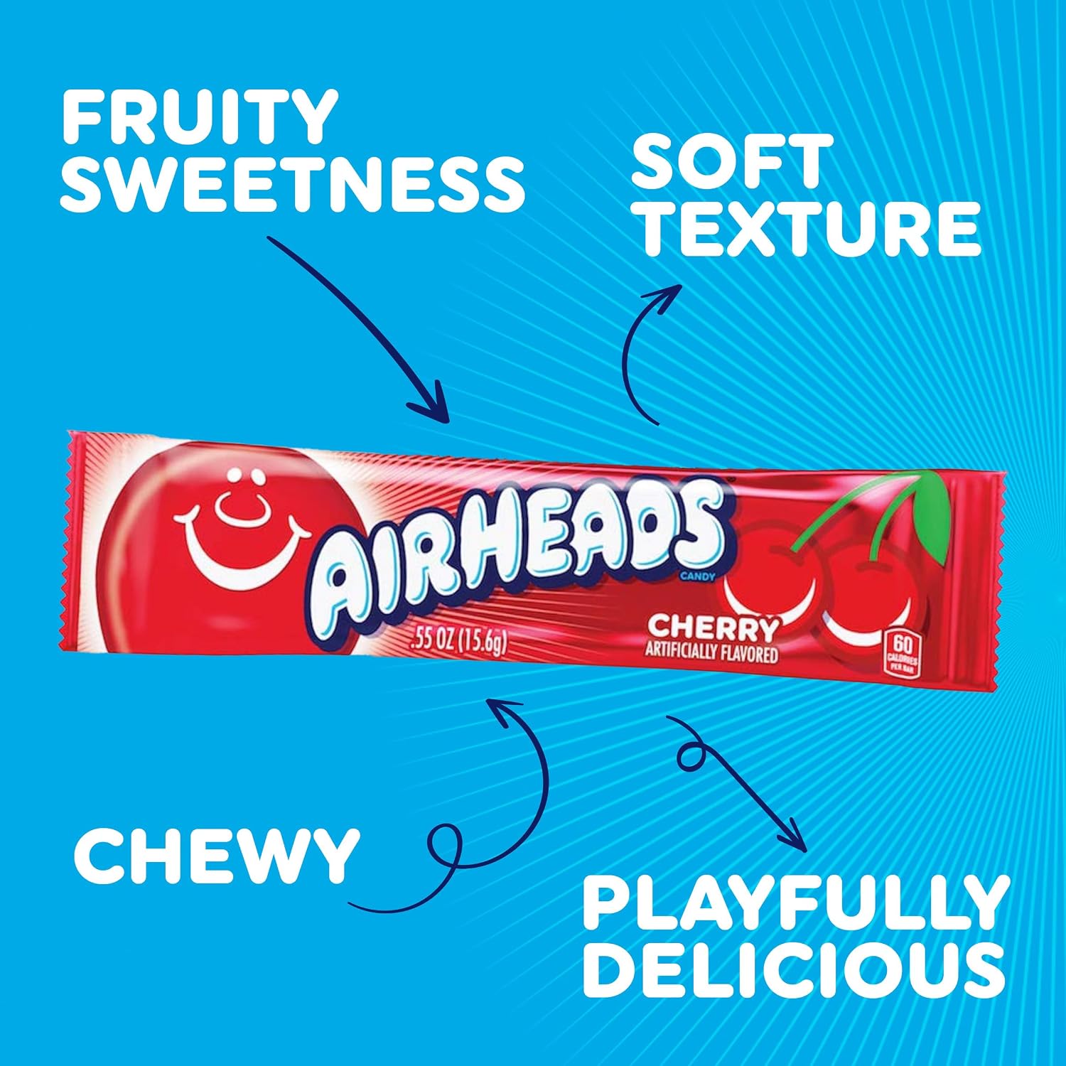 Airheads Full-Size Candy Bars, Assorted Taffy Variety Pack, 60 Count Box | Individually Wrapped Bulk Candy, Six Assorted Fruit Flavors, Artificially Flavored