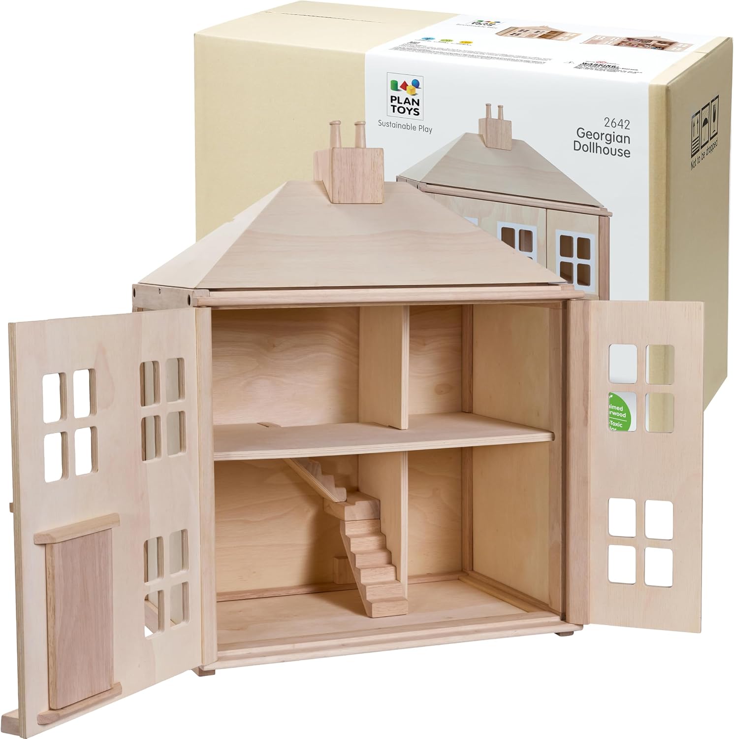 PlanToys® Green Wooden Dollhouse with Solar Panel, Wind Turbine & Furniture | recycling system, eco-friendly doll house, sustainable pretend play, kids, girls, environmental learning gift for boys