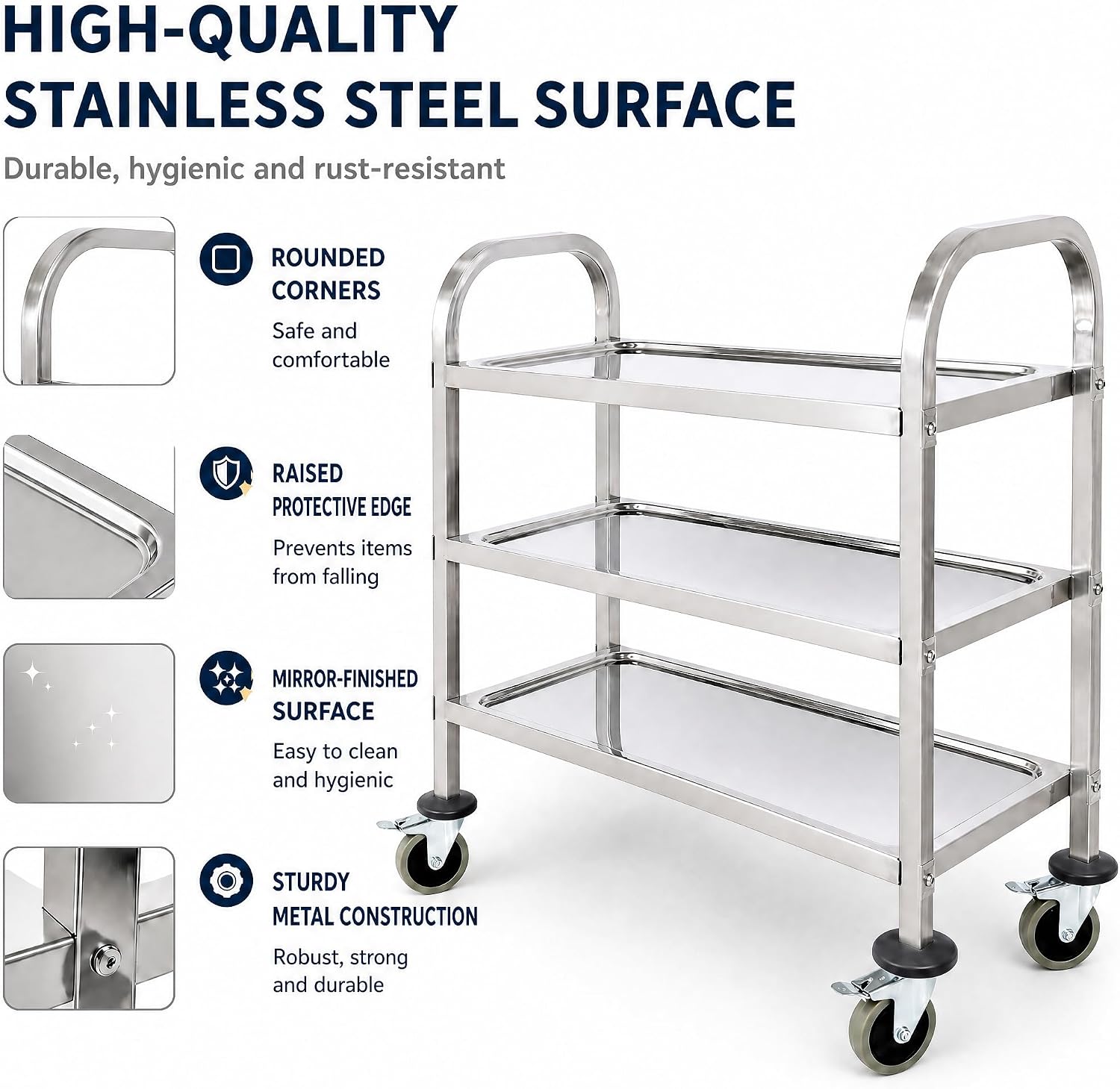 Metal 3 Tier Utility Cart Kitchen Trolley Catering Storage Cart with Universal Wheels Easy to Assemble& Move for Kitchen Restaurant Hotel Cafe Home