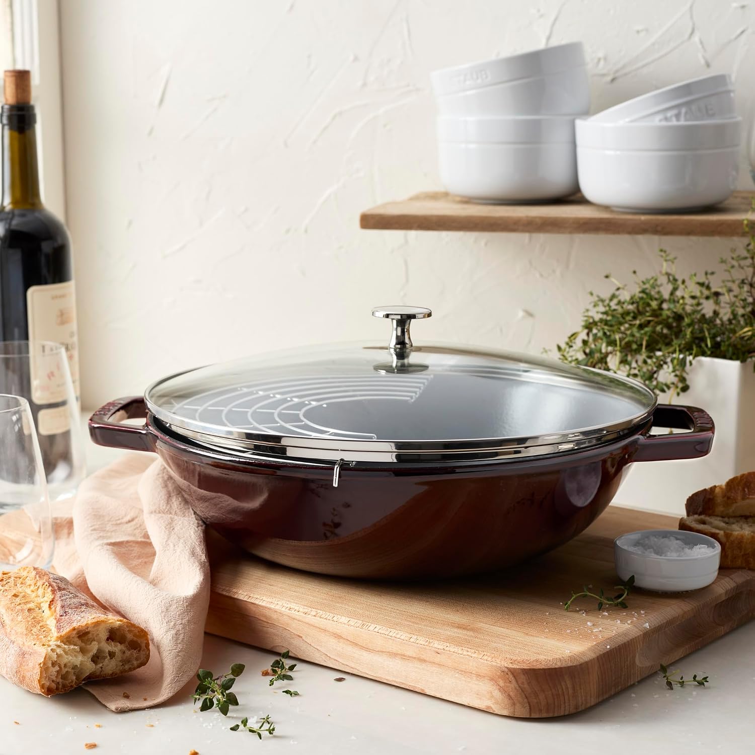 Staub Cast Iron Perfect Pan, Wok, Dutch Oven, 4.5-quart, serves 4-5, Made in France, Dark Blue