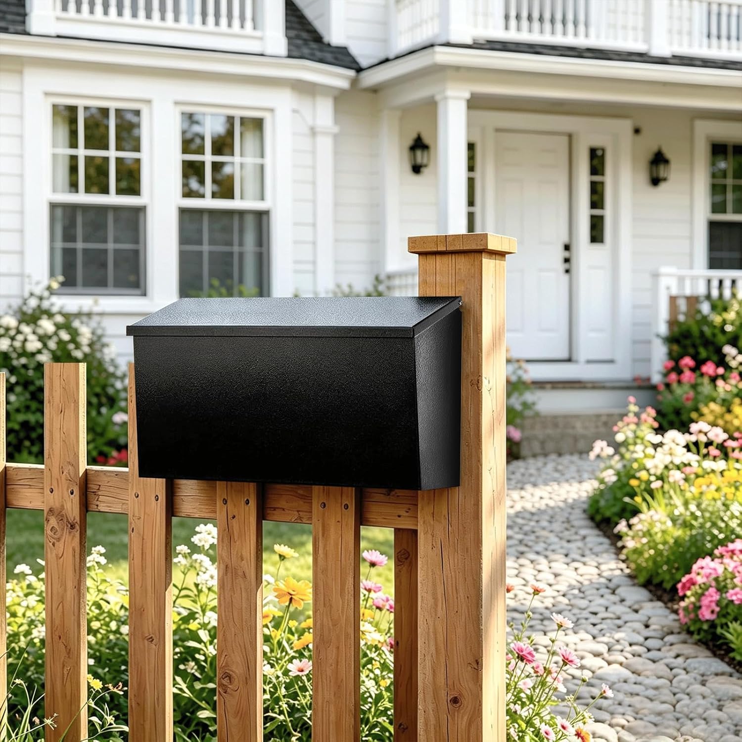 Locking Mailbox Wall Mount for Outside– Jssmst Mailboxes with Key Lock for Front Door Fence, Large Capacity Letter Box, 14.3 x 4.1 x 11.8 Inch, Black, SM-HPB911BN