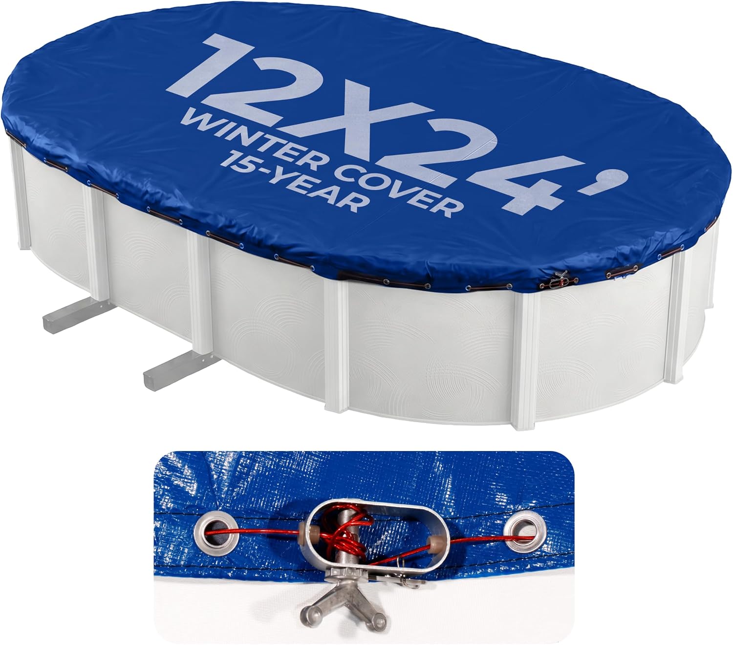 Blue Wave Arctic Armor 12x24-ft Oval Above Ground Pool Winter Cover, Blue | 14x14 laminated polyethylene, metal grommets every 2 ft, black underside, cable and winch, 4-ft overlap, 15-yr support