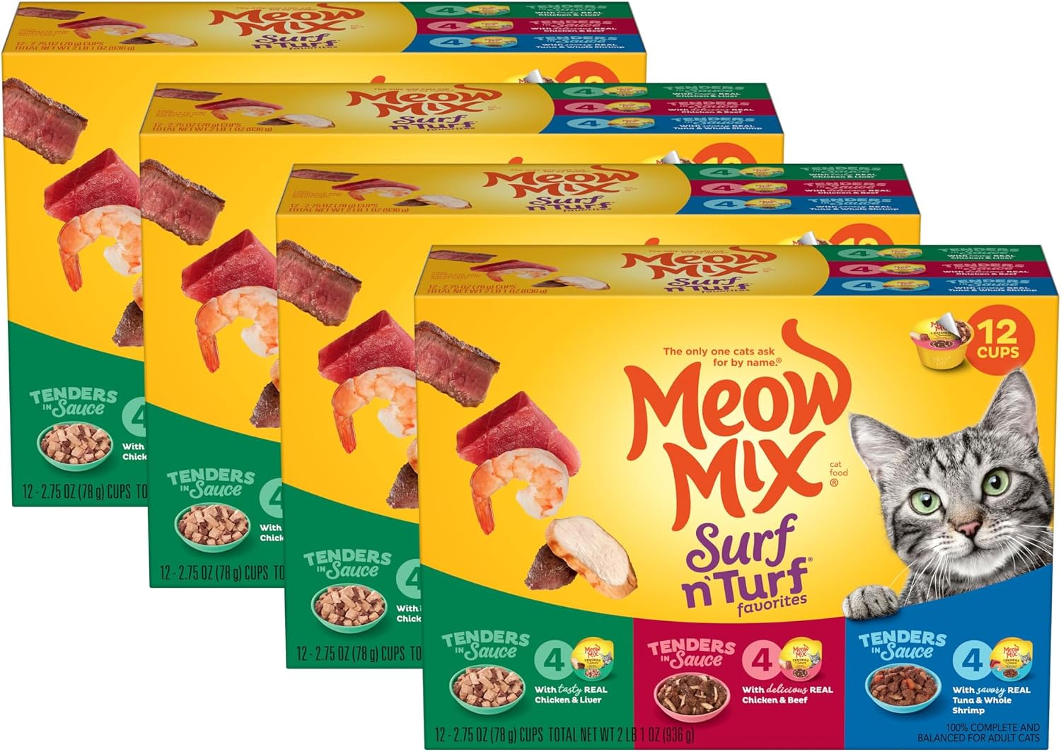 Meow Mix Tenders in Sauce, Wet Cat Food with Tuna & Whole Shrimp, 12 Cups