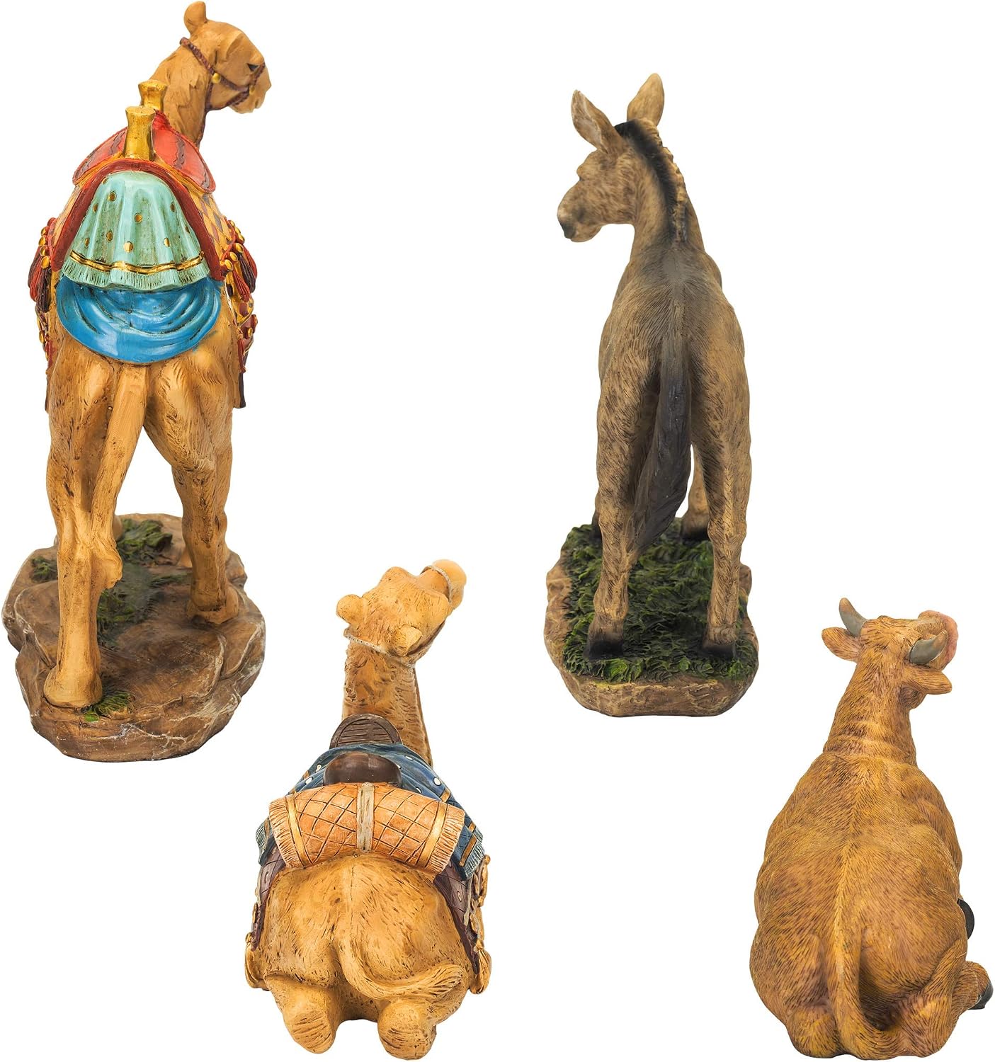 Three Kings Gifts Nativity Animals Set, 4-Piece Polystone Standing and Sitting Camels, Donkey, and Ox Figures, Flat Bottom Base Collectibles for 14-Inch Scale Nativity Scene