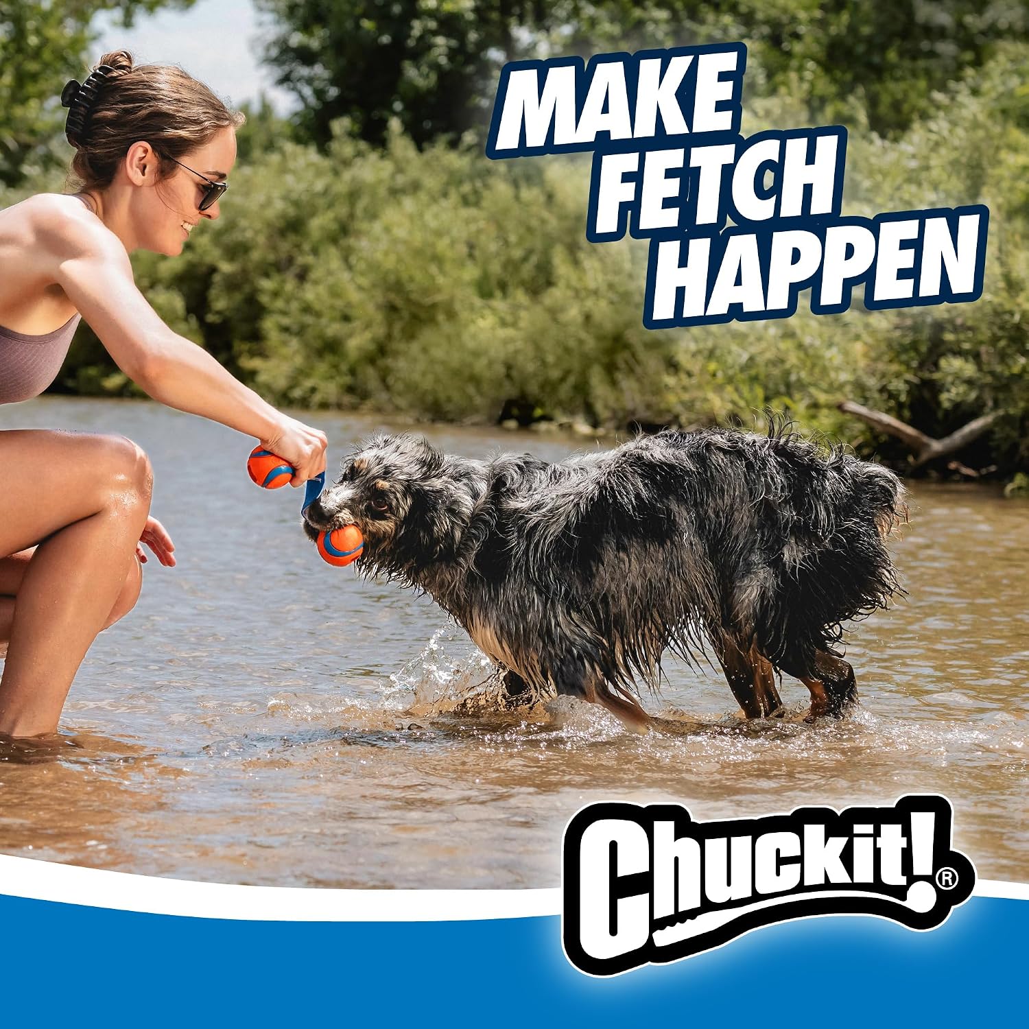 Chuckit! Ultra Tug Dog Toy - Ultra Ball on a Durable Nylon Cord Handle - Fetch and Tug-of-War Toy for Dogs - Size Large - For Breeds 60-100 lbs - 3-inch Diameter - Orange and Blue