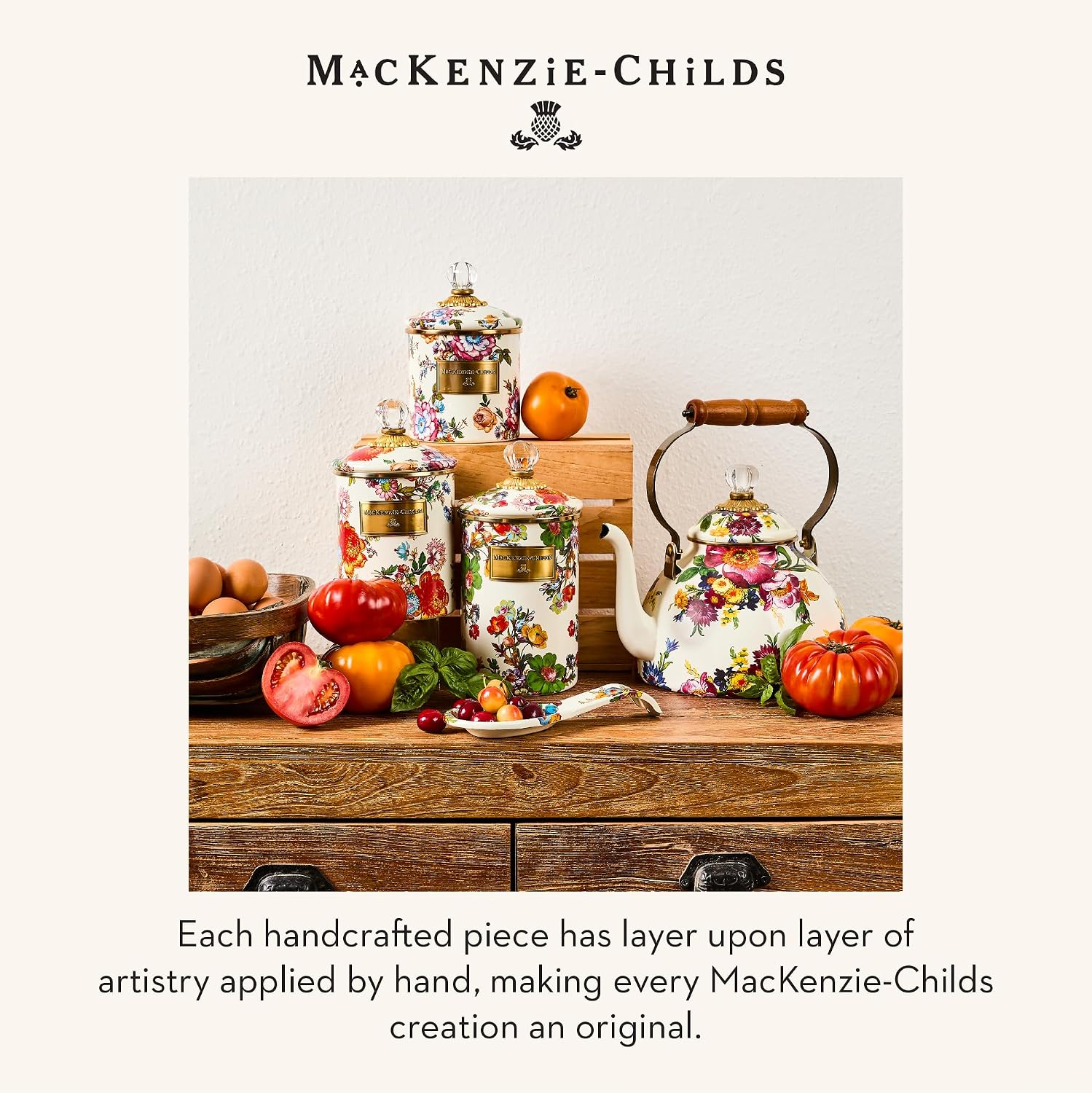 MACKENZIE-CHILDS Enamel Canister, Large, White Butterfly Garden | Hand-applied design, made from enameled steel, versatile kitchen storage container for flour and sugar, 64-ounce capacity