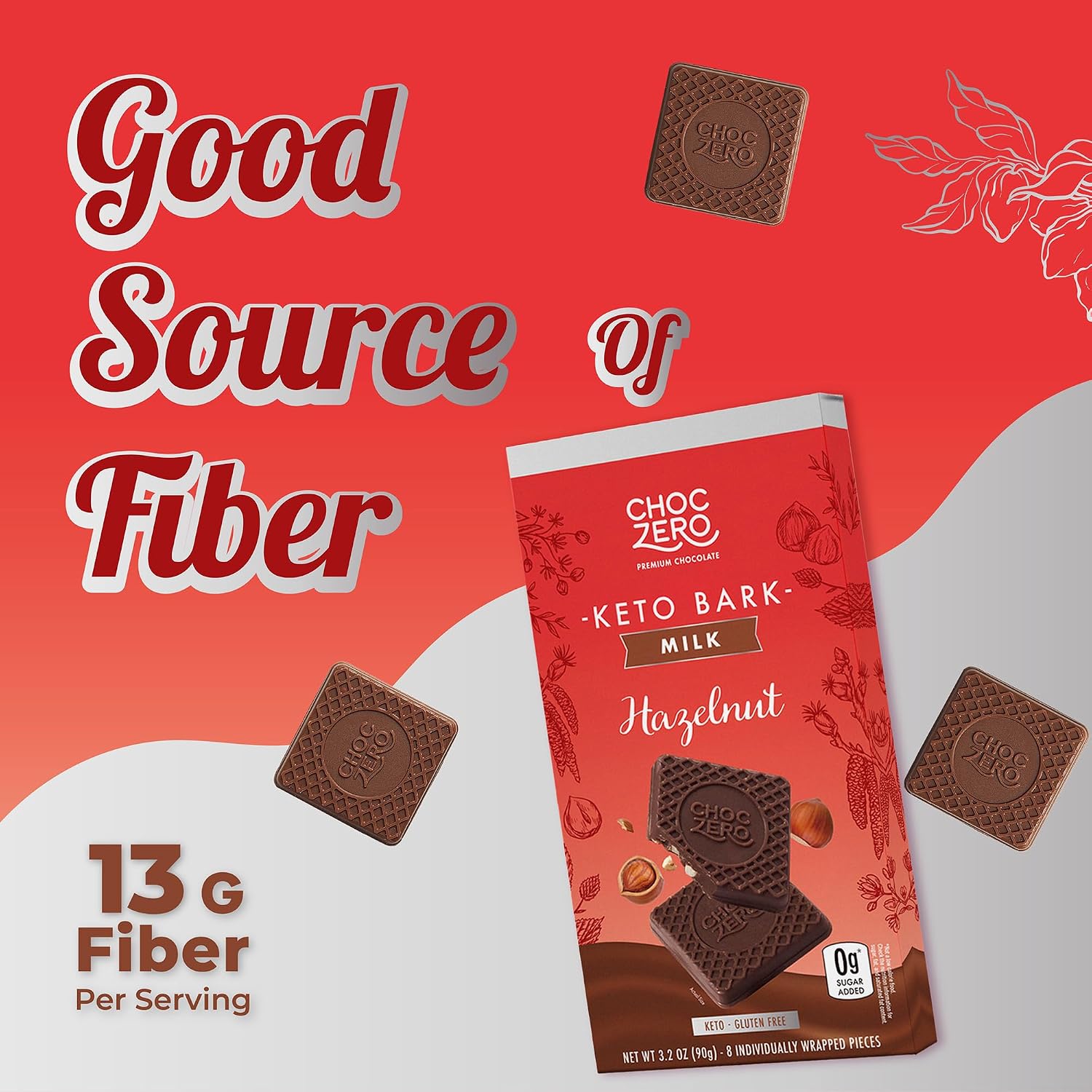 ChocZero Sugar Free Chocolate Candy with Hazelnuts, 4 Pack | No Sugar Alcohols, Keto, Low Carb, High Fiber, Gluten Free, 32 Total Candy Squares