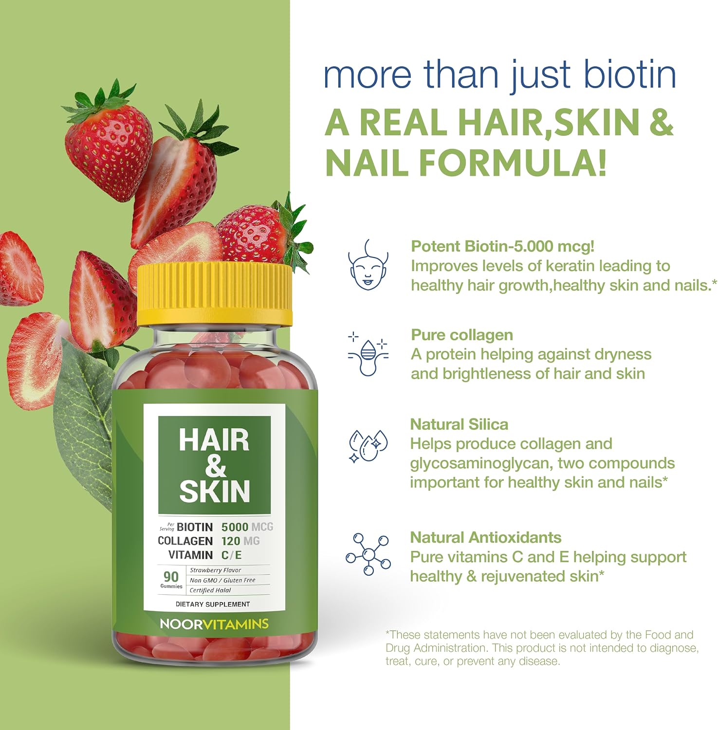 Noor Vitamins Halal Hair Vitamins Biotin, Collagen, Silica, Vitamin C & E Supports Hair, Skin & Nail Health, Natural Strawberry Gummy Vitamins. GMO