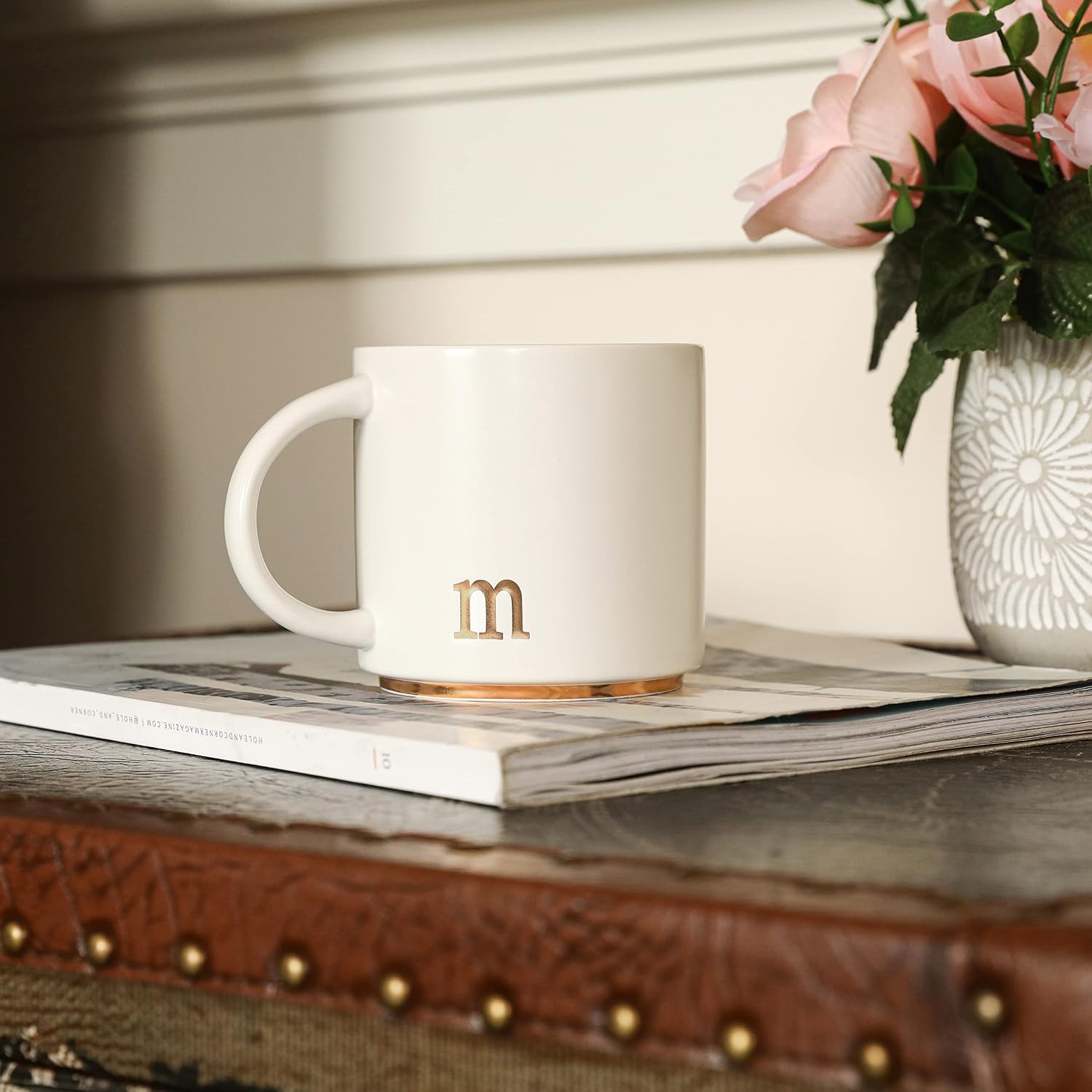 COLLECTIVE HOME Ceramic Coffee Mug, 15 oz Monogram Cup with Gift Box(m) | Dishwasher Safe, Engraved Gold Letter