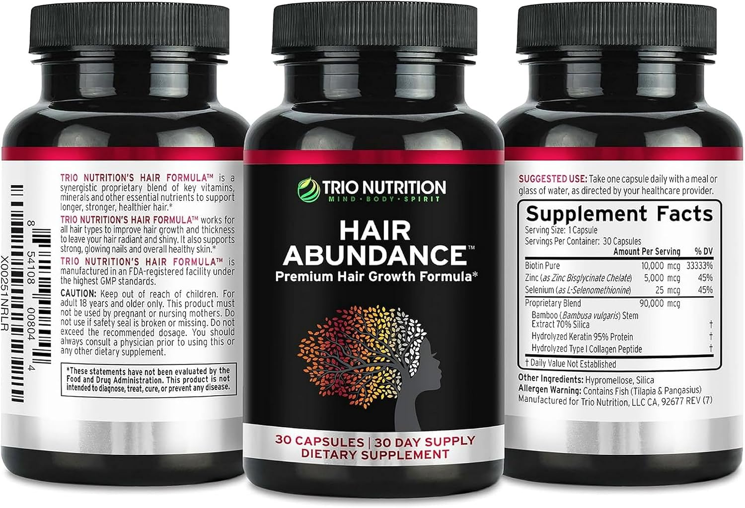 TRIO NUTRITION Hair Abundance Biotin 10,000mcg: Hair Growth, Skin & Nails | Biotin (Vitamin B7), collagen, keratin, bamboo silica, zinc & selenium. Hair & lash vitamins supplement for women & men.*