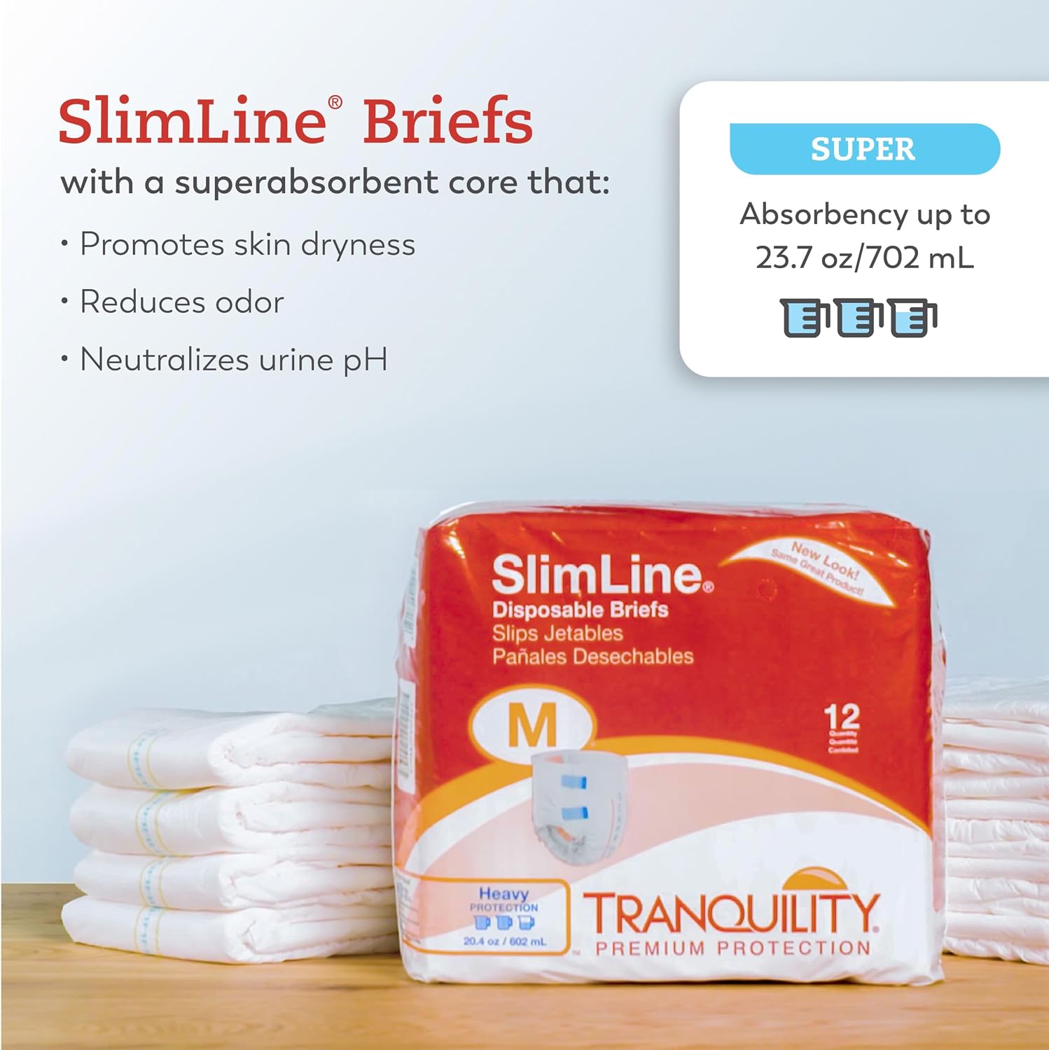 Tranquility Slimline Original Adult Disposable Brief, Adult X-Small, Incontinence Care with a Slimmer Fit, Peach Mat Core & Kufguard Technology for Max Comfort, Latex-Free, 10.9oz Capacity, 100ct Case
