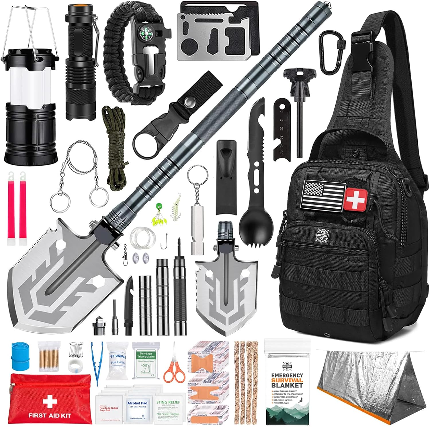 Monterra Survival Kit, 250 Pcs, Emergency Gear and Supplies, First Aid, Bug Out Go Bag, EDC, Molle System Backpack, Hiking, Camping