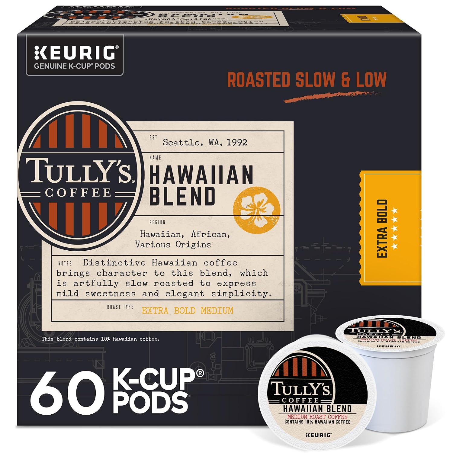 Tully's Coffee Hawaiian Blend Keurig Single-Serve K-Cup Pods, Medium Roast Coffee, 96 Count
