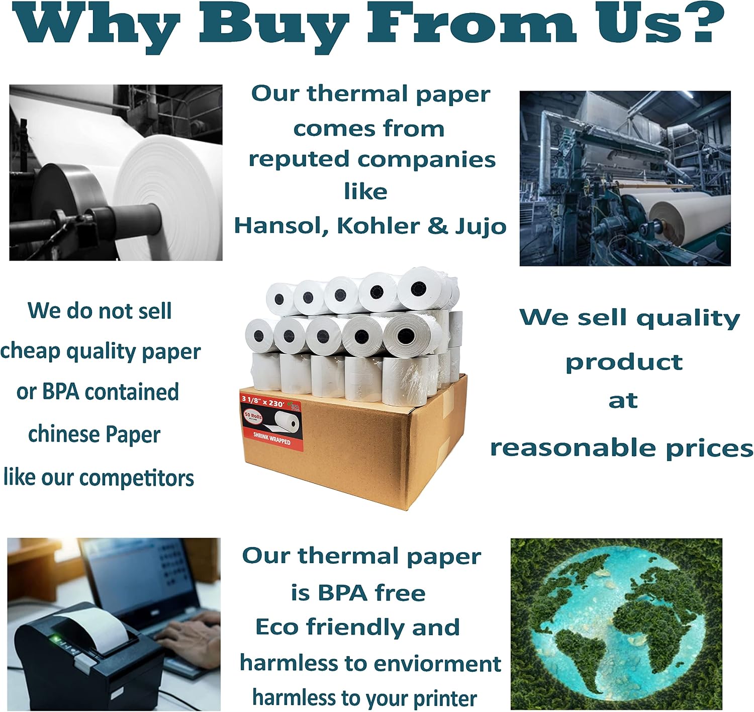 (50 Rolls) 3 1/8 x 230 Thermal Paper Receipt Rolls (55 GSM Premium Quality German Paper) Fits All POS Cash Registers BPA Free - BuyRegisterRolls