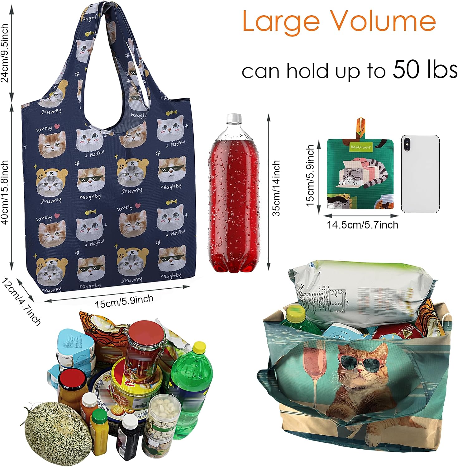 BeeGreen Grocery Bags | Reusable Gift Bags, Large Tote for Women & Foldable Beach Bag - 6 Pack Reusable Bag With Handles | Collapsible Cute Cloth Storage for Market, Holiday & Shopping | Washable​