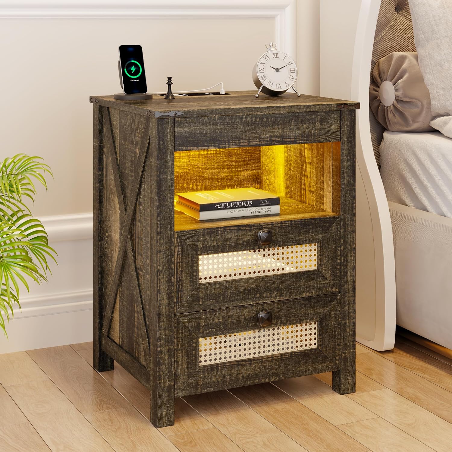 LED Night Stand with Gun Drawer & Charging Station | Human Sensor Lights, Hidden Storage, Farmhouse Rattan Style, 3 Drawers, Bedside Table for Bedroom, End Tables Livingroom