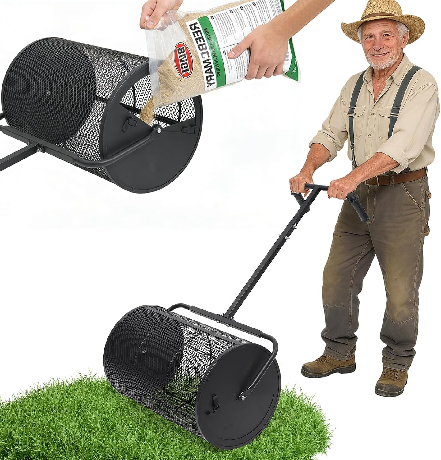 Compost Spreader 24in Peat Moss Spreader - U Shaped Comfortable Handle & Adjustable Height Powder-Coated Metal Mesh Hand Fertilizer Spreader for