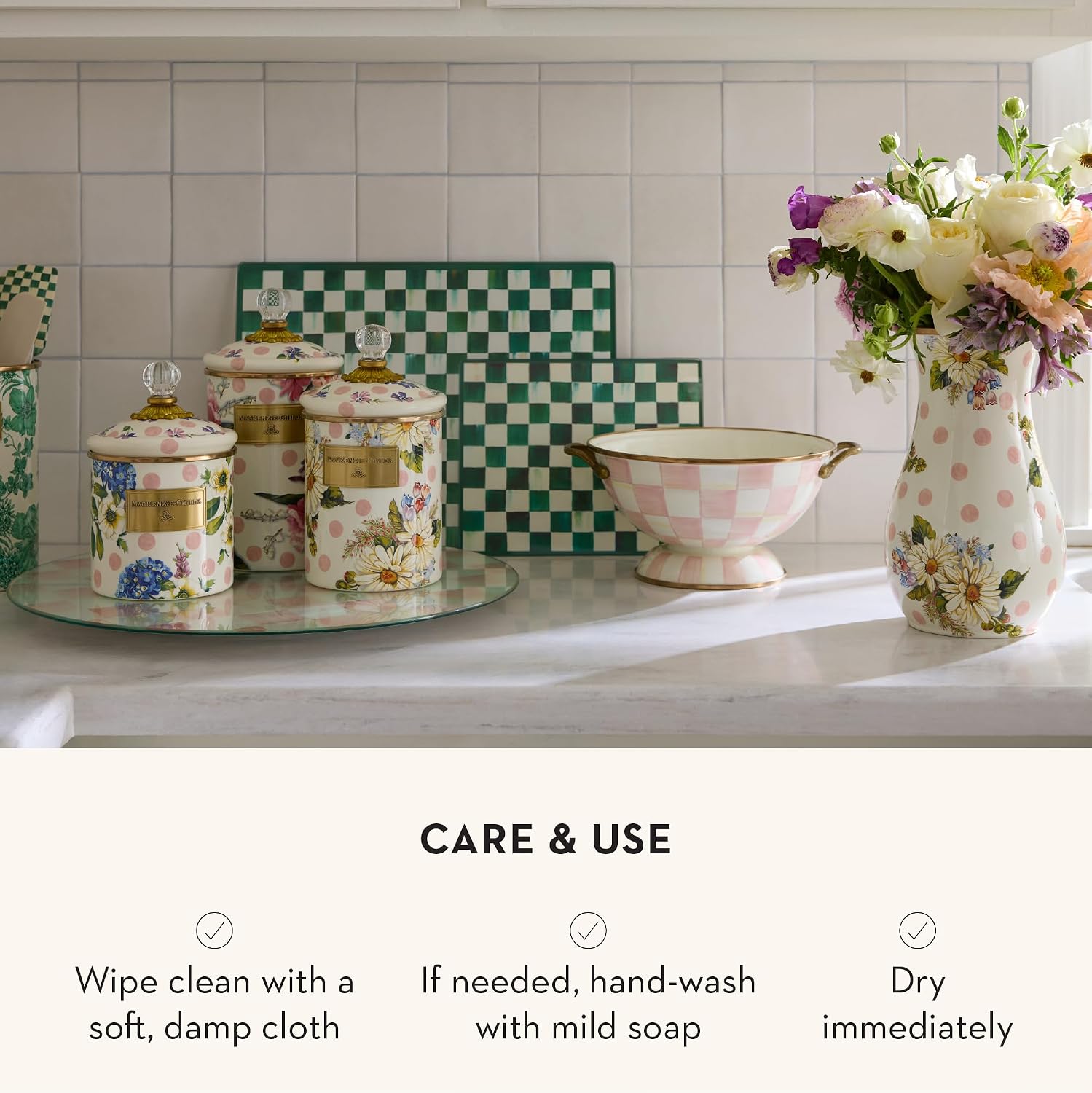 MACKENZIE-CHILDS Enamel Canister, Large, White Butterfly Garden | Hand-applied design, made from enameled steel, versatile kitchen storage container for flour and sugar, 64-ounce capacity