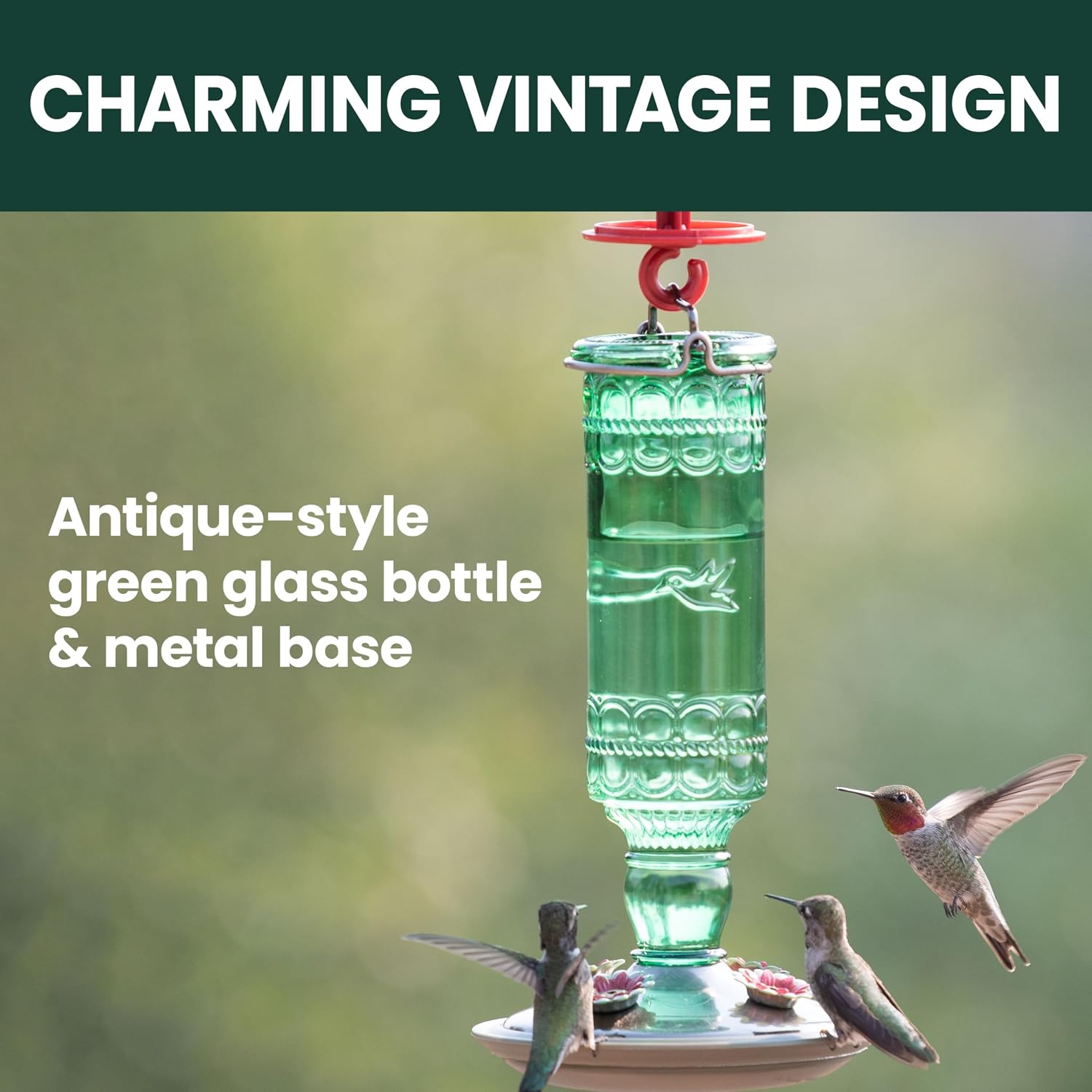 Perky-Pet Antique Glass Bottle Hummingbird Feeder, 10 oz Capacity, Green | 4 Feeding Ports for Outdoors Hanging Bird Feeders, Backyard Garden Décor