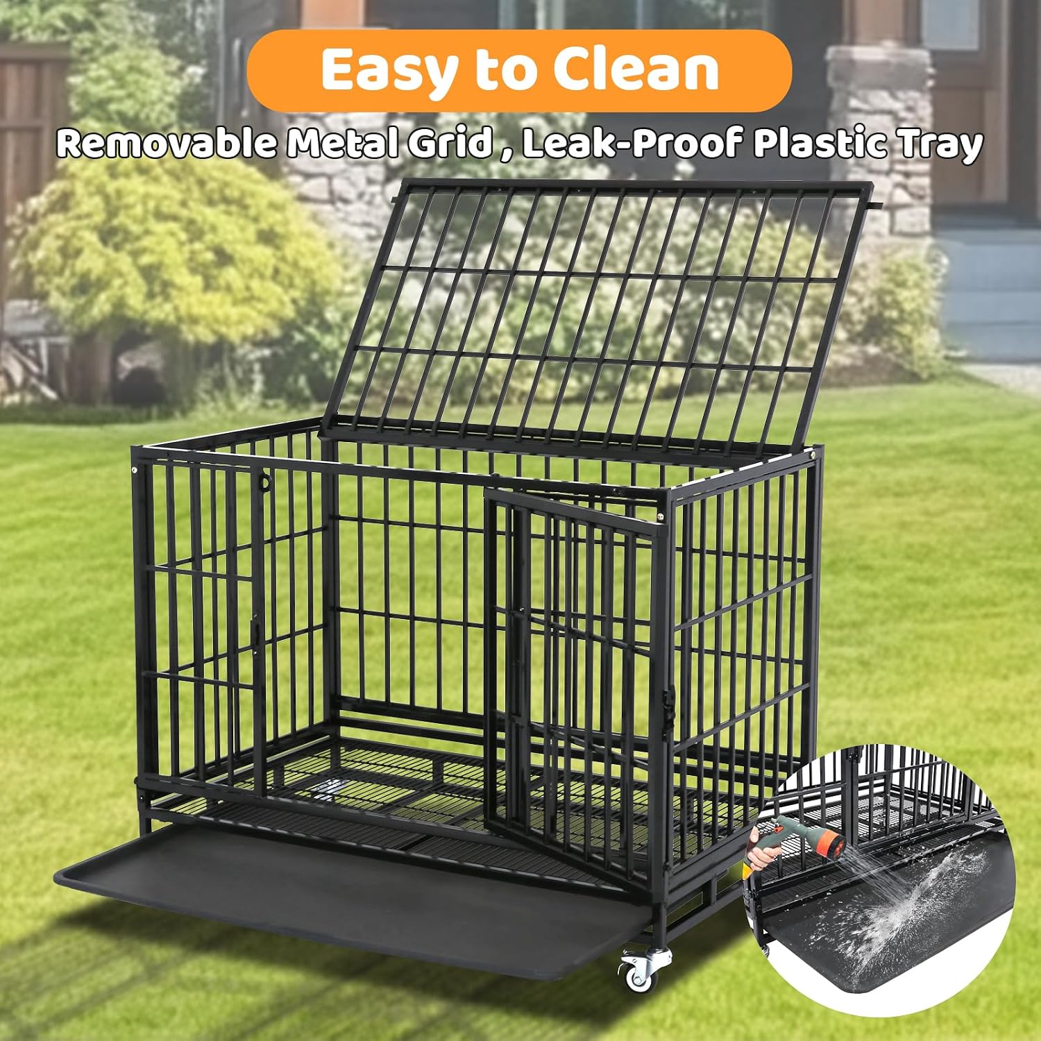 Homey Pet Taller 43" Heavy Duty Double Dog Crates with Divider & Dual Door | Drop Cage for Dogs with Lockable Wheels, Bowls, Removable Tray, Top Access, Ideal for Small to Medium & Large Dogs, Breeders